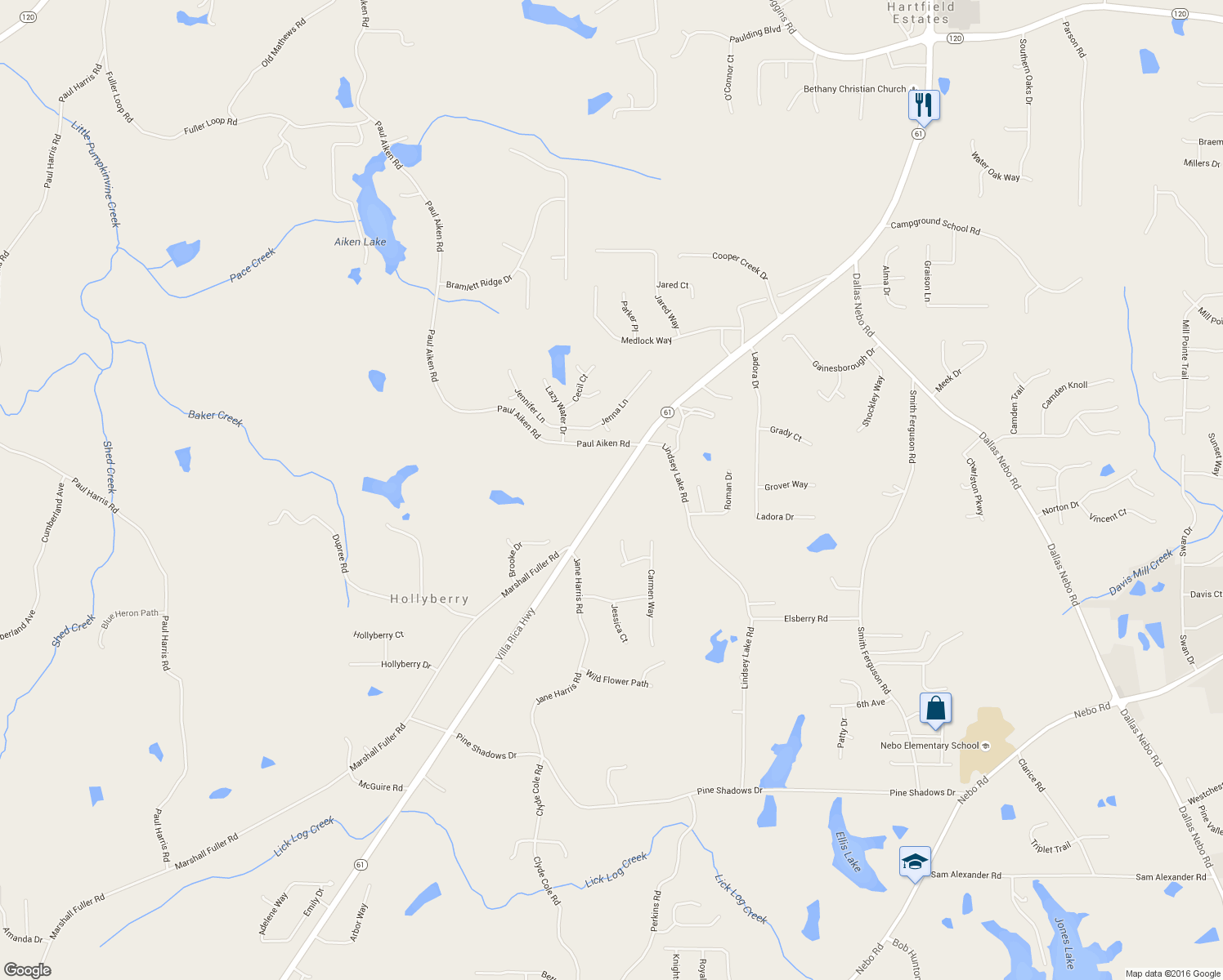 map of restaurants, bars, coffee shops, grocery stores, and more near Villa Rica Highway in Dallas