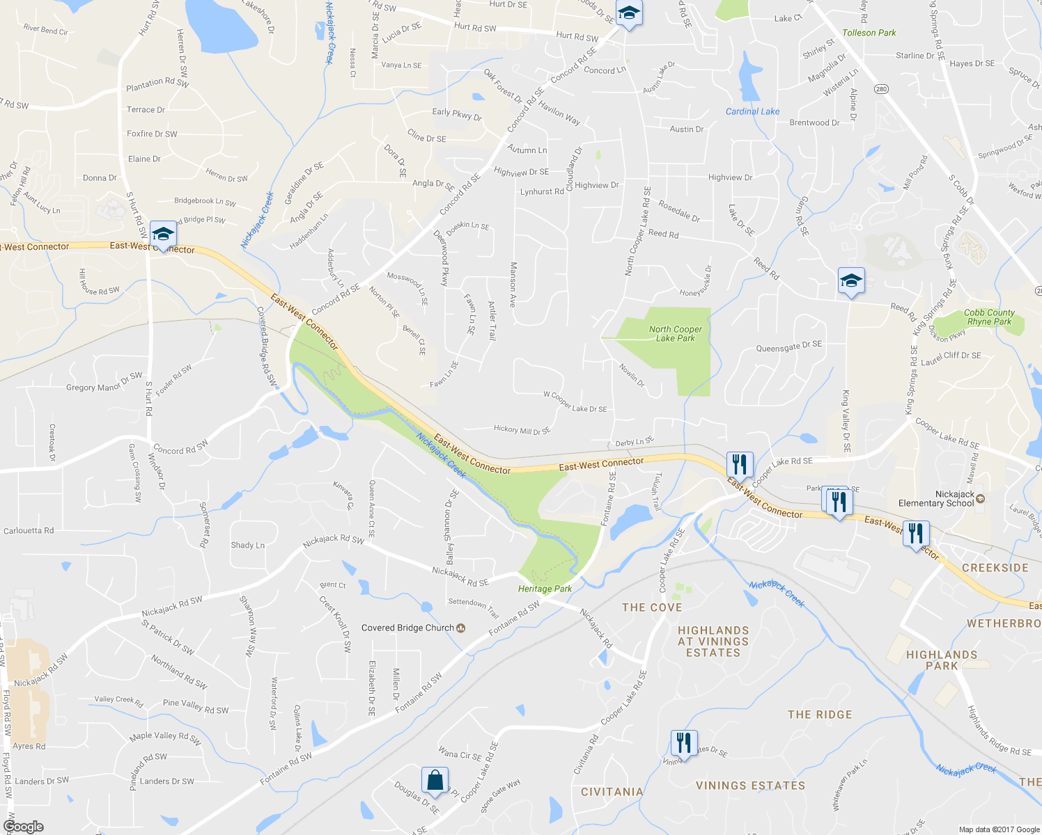 map of restaurants, bars, coffee shops, grocery stores, and more near 4900 Hickory Mill Drive Southeast in Smyrna