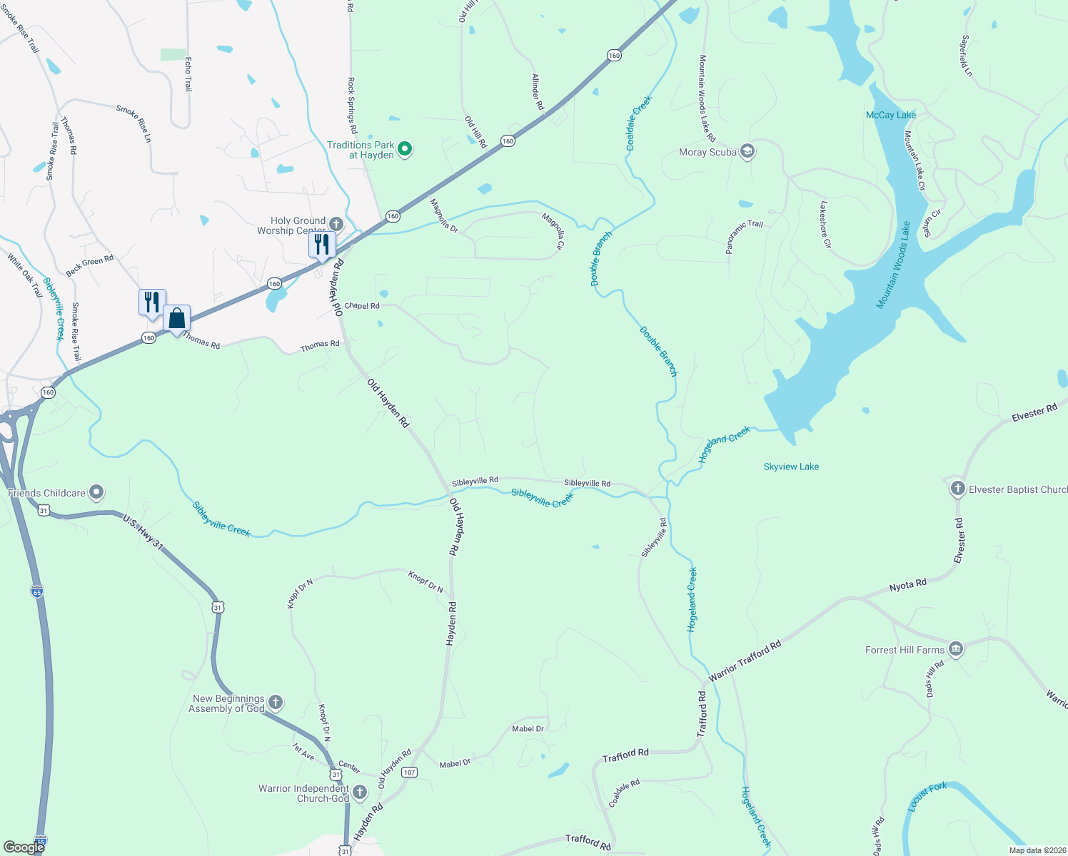map of restaurants, bars, coffee shops, grocery stores, and more near 125 Twin Ridge Road in Warrior