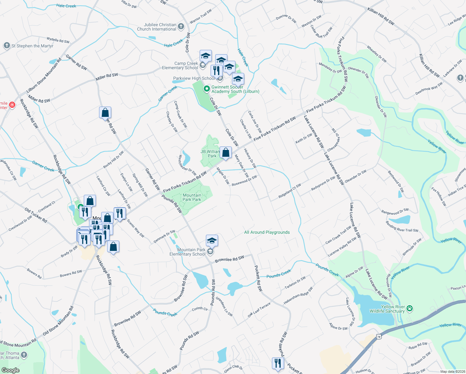 map of restaurants, bars, coffee shops, grocery stores, and more near 1304 Maple Drive Southwest in Lilburn