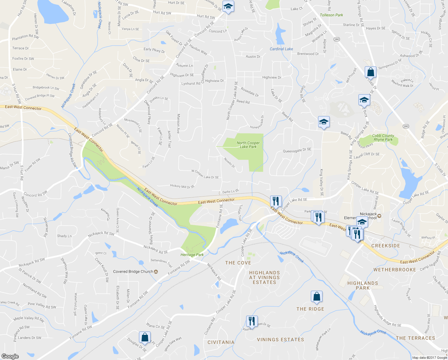 map of restaurants, bars, coffee shops, grocery stores, and more near 2402 Vinings Oaks Court in Smyrna