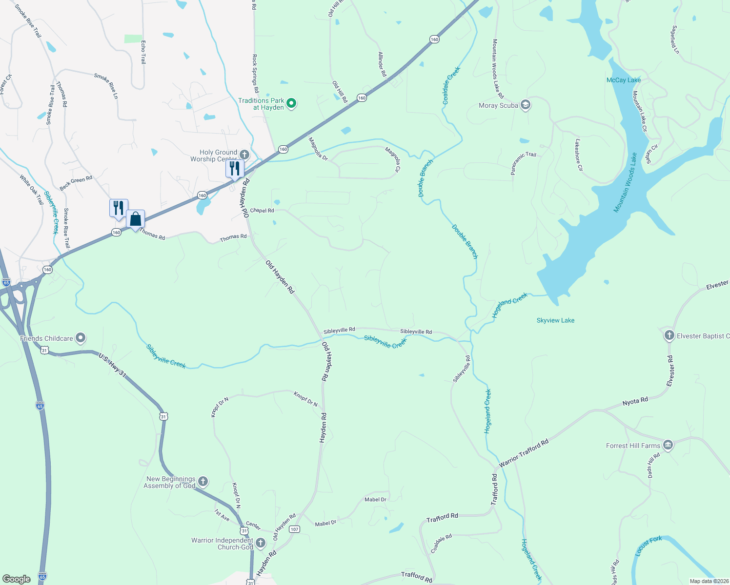 map of restaurants, bars, coffee shops, grocery stores, and more near 125 Twin Ridge Road in Warrior