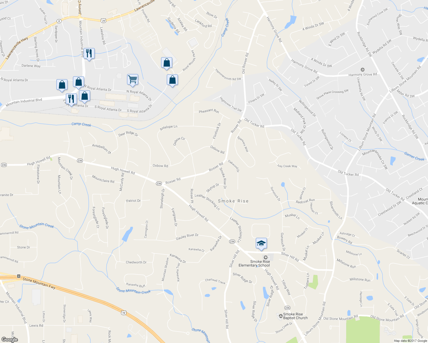 map of restaurants, bars, coffee shops, grocery stores, and more near 5401 Rosser Road in Stone Mountain