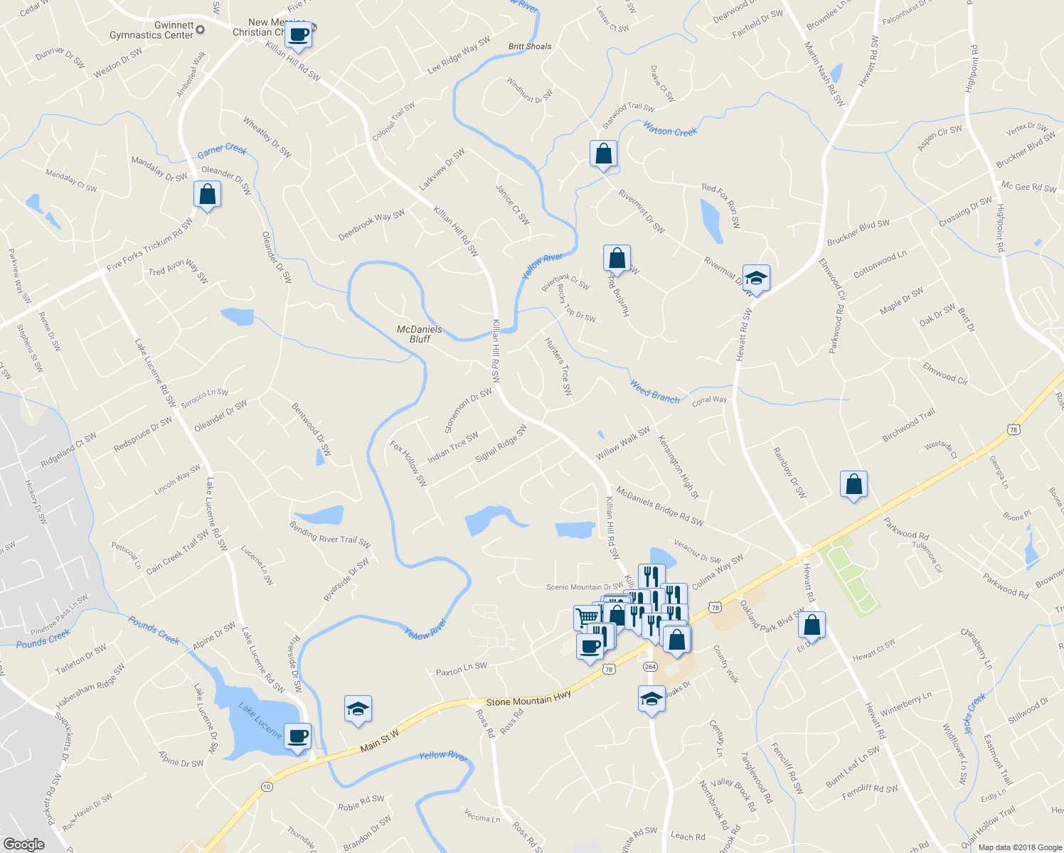 map of restaurants, bars, coffee shops, grocery stores, and more near 4006 Signal Ridge Southwest in Lilburn