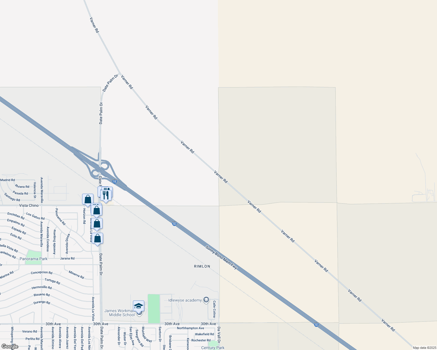 map of restaurants, bars, coffee shops, grocery stores, and more near Varner Road in Cathedral City