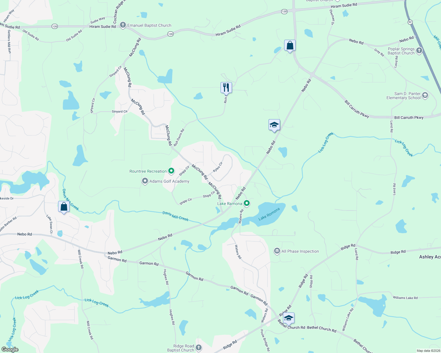 map of restaurants, bars, coffee shops, grocery stores, and more near 520 Kyles Cir in Hiram
