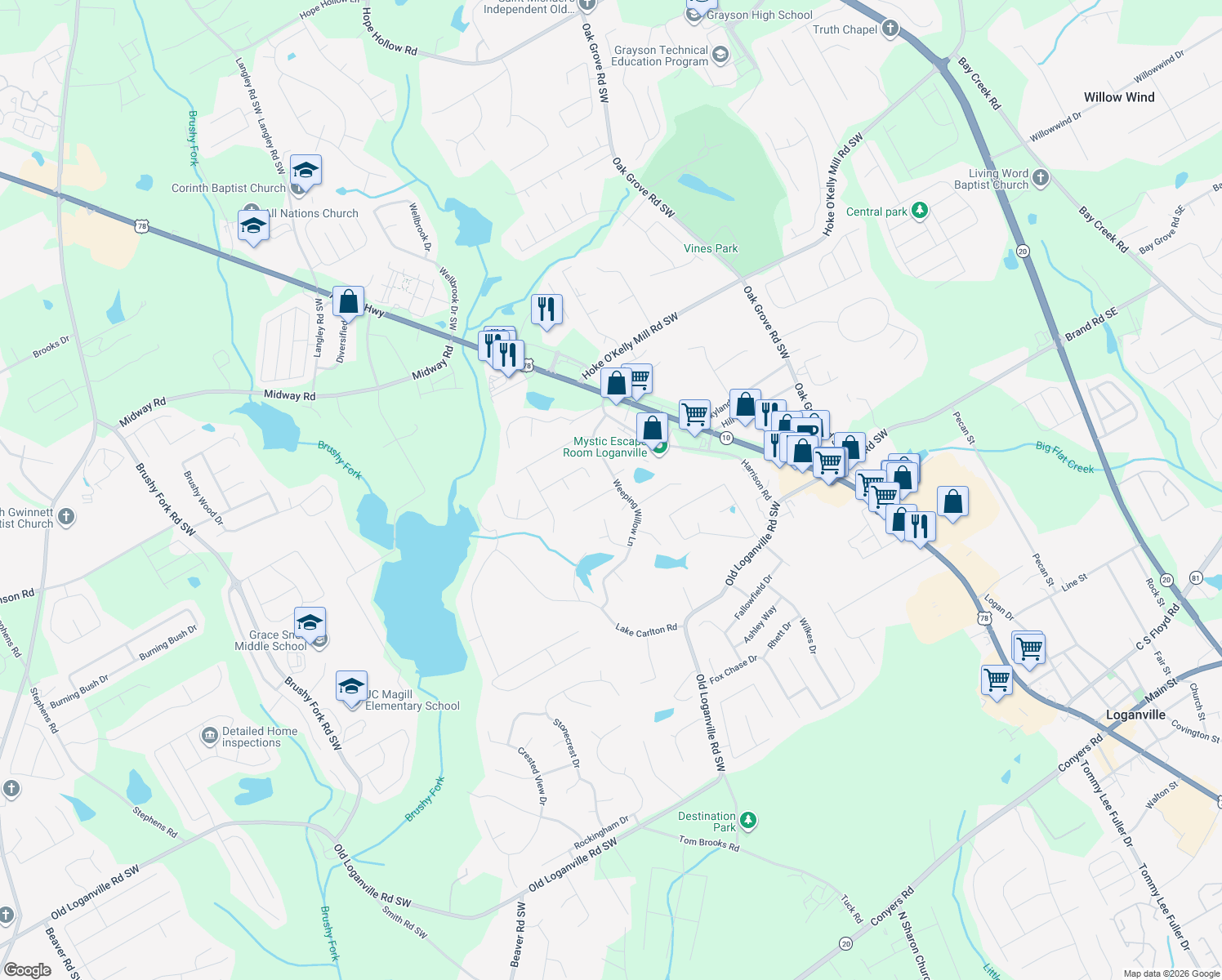 map of restaurants, bars, coffee shops, grocery stores, and more near 463 Bradford Park Court in Loganville