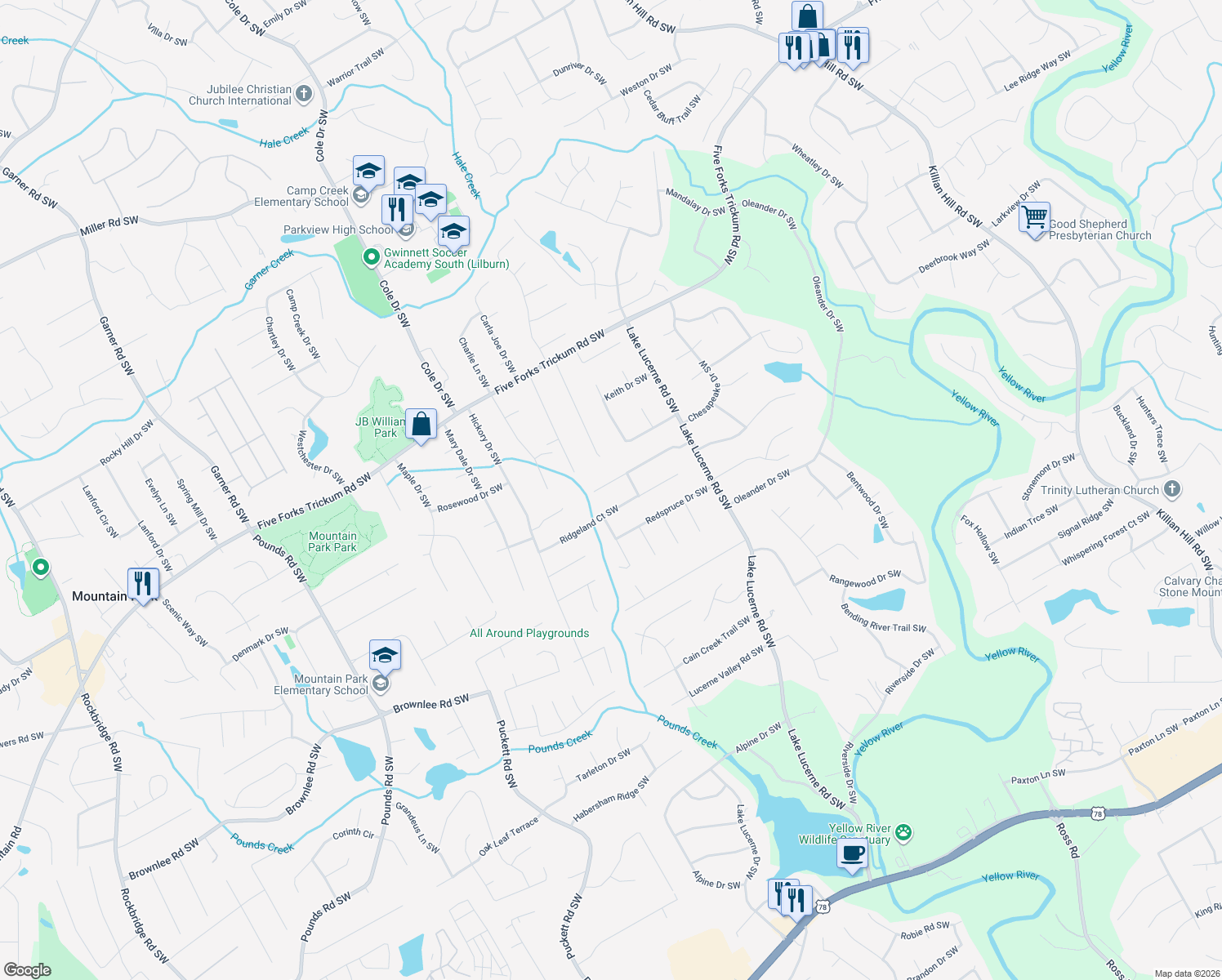 map of restaurants, bars, coffee shops, grocery stores, and more near 4632 Ridgeland Drive Southwest in Lilburn