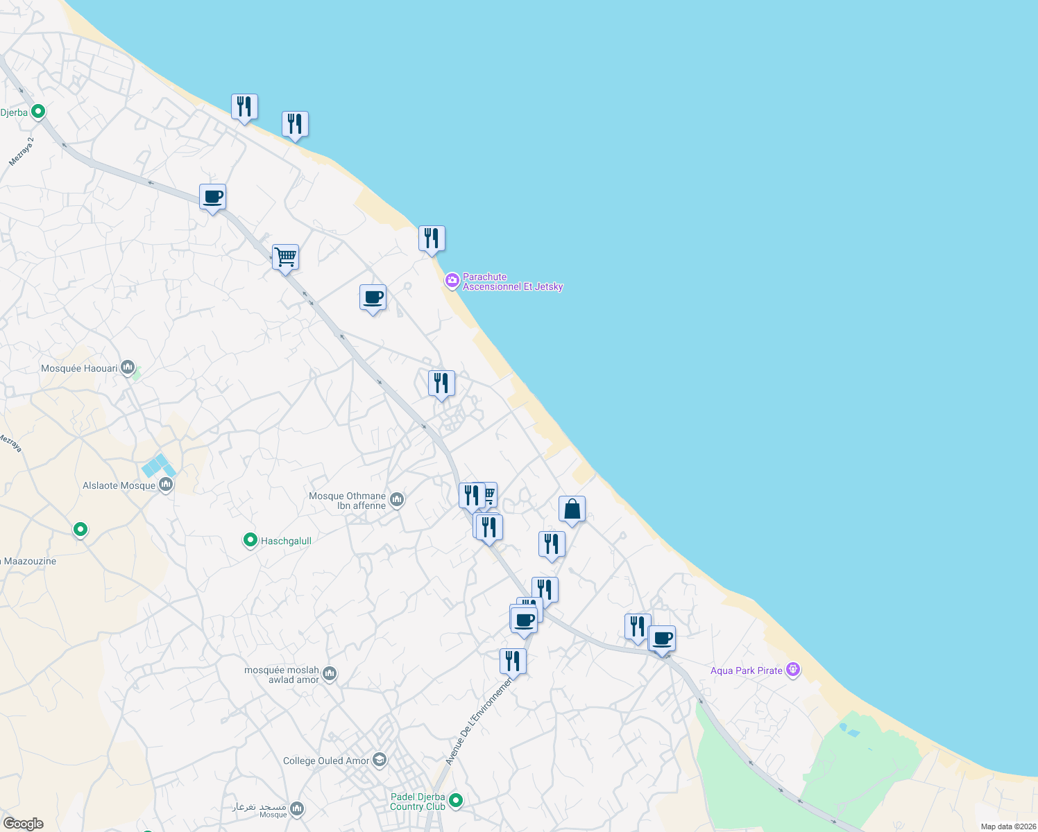 map of restaurants, bars, coffee shops, grocery stores, and more near Zone Touristique Midoun in Djerba Midoun