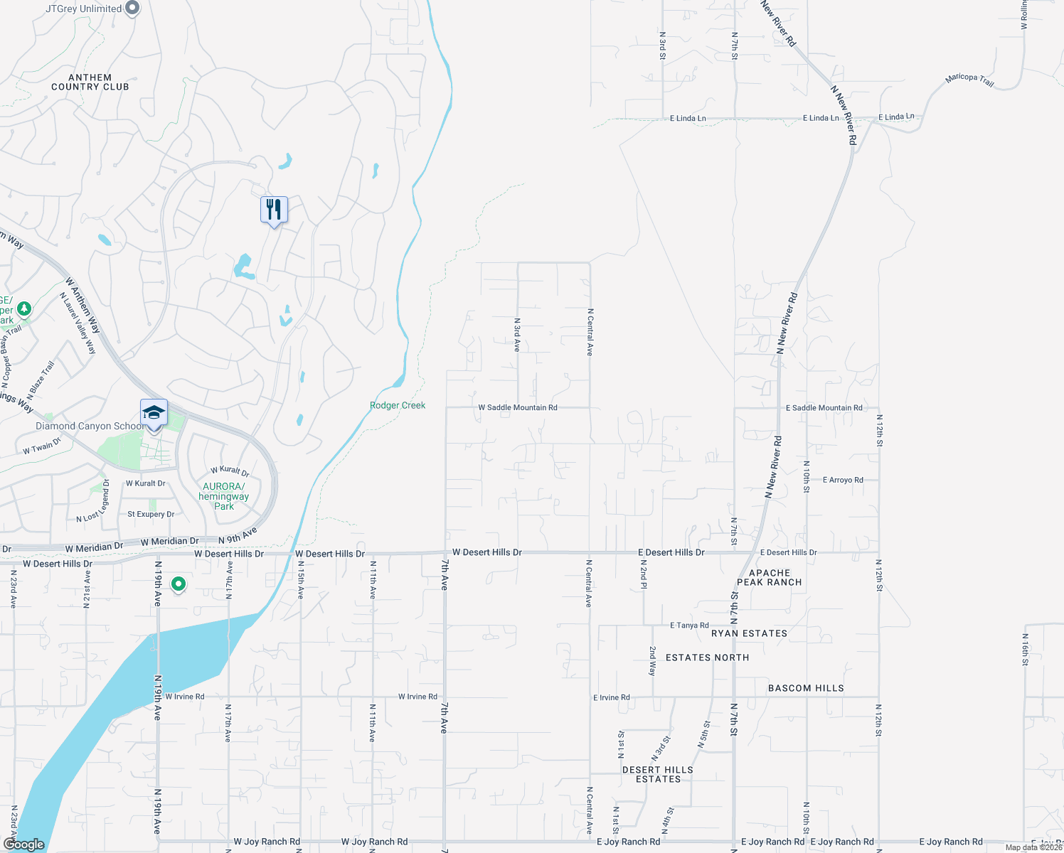 map of restaurants, bars, coffee shops, grocery stores, and more near 218 West Ridgecrest Road in Phoenix