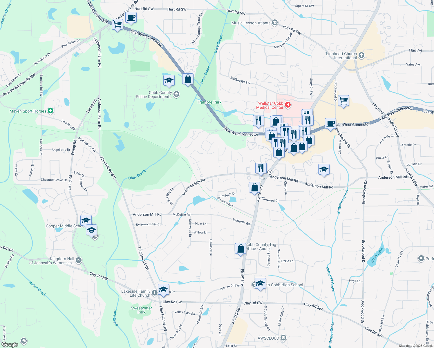 map of restaurants, bars, coffee shops, grocery stores, and more near 2090 Anderson Mill Rd in Austell