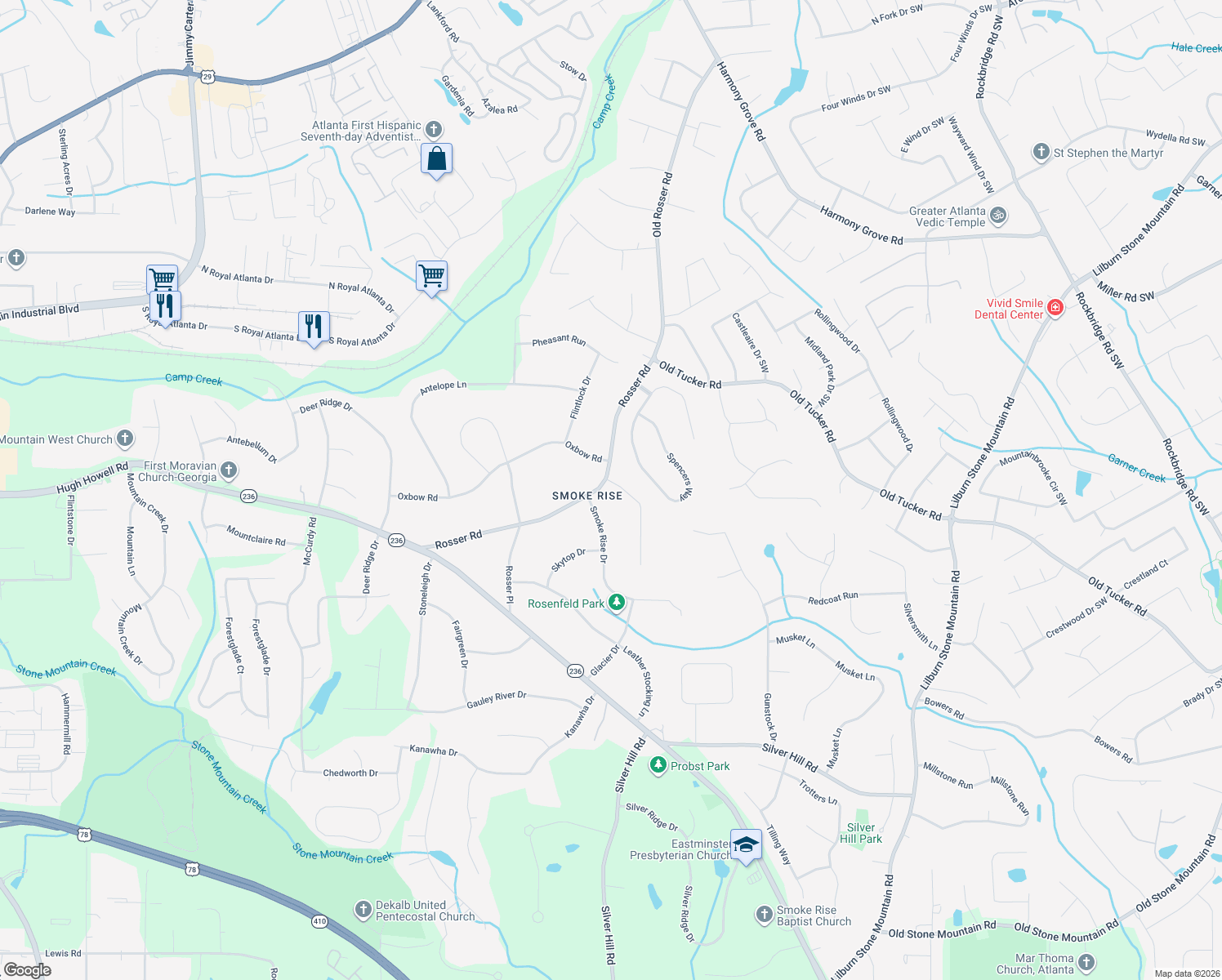 map of restaurants, bars, coffee shops, grocery stores, and more near 5449 Oakwood Dr in Stone Mountain