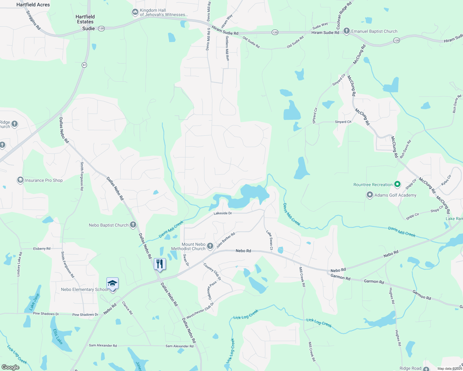 map of restaurants, bars, coffee shops, grocery stores, and more near 401 Lakeview Ln in Hiram