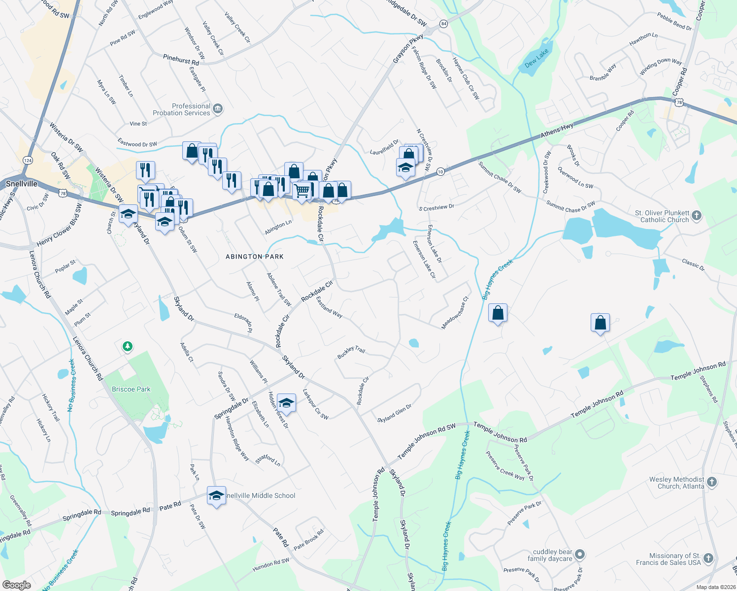 map of restaurants, bars, coffee shops, grocery stores, and more near 2910 Flintrock Way in Snellville