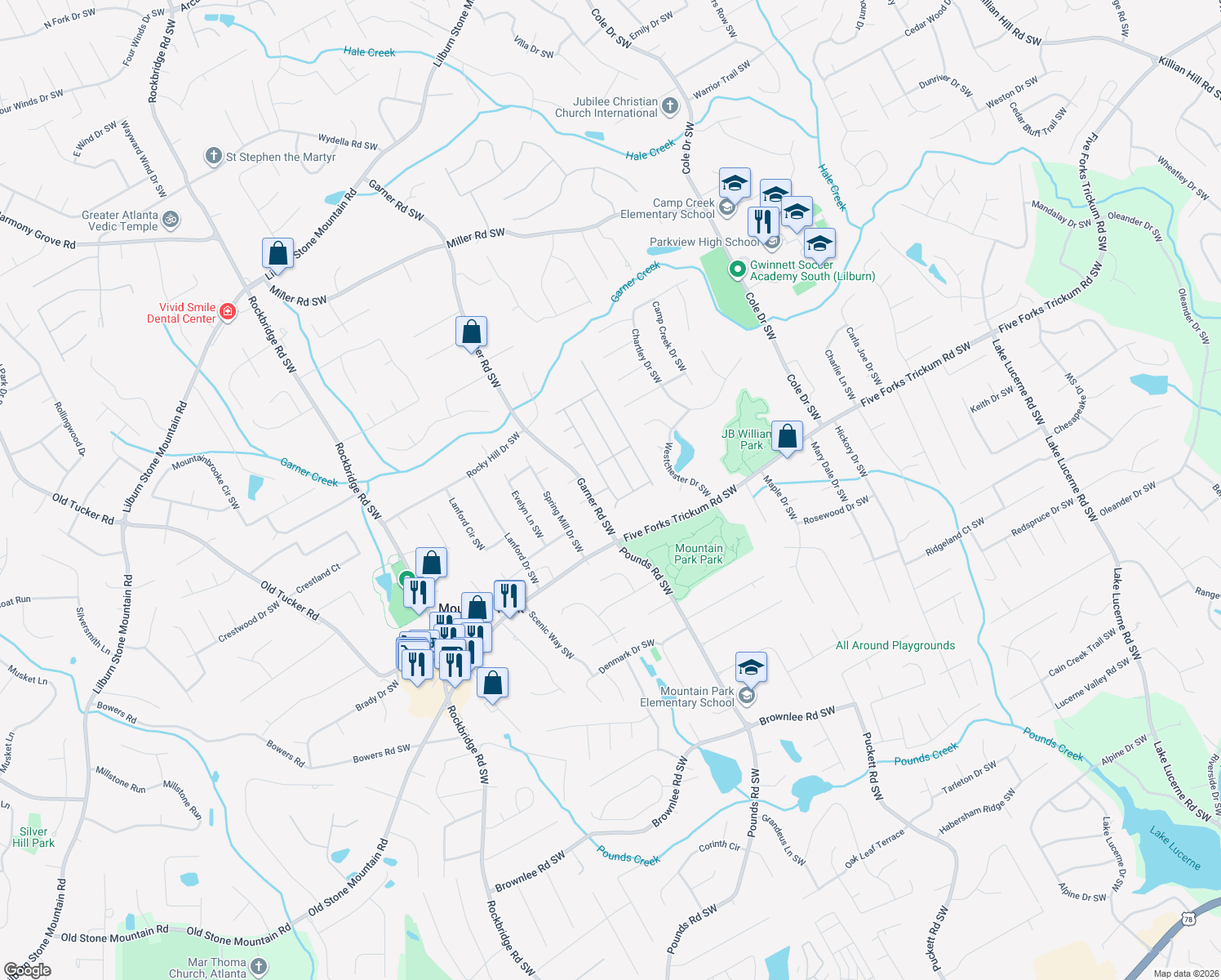 map of restaurants, bars, coffee shops, grocery stores, and more near 1124 Morgan Garner Drive in Lilburn