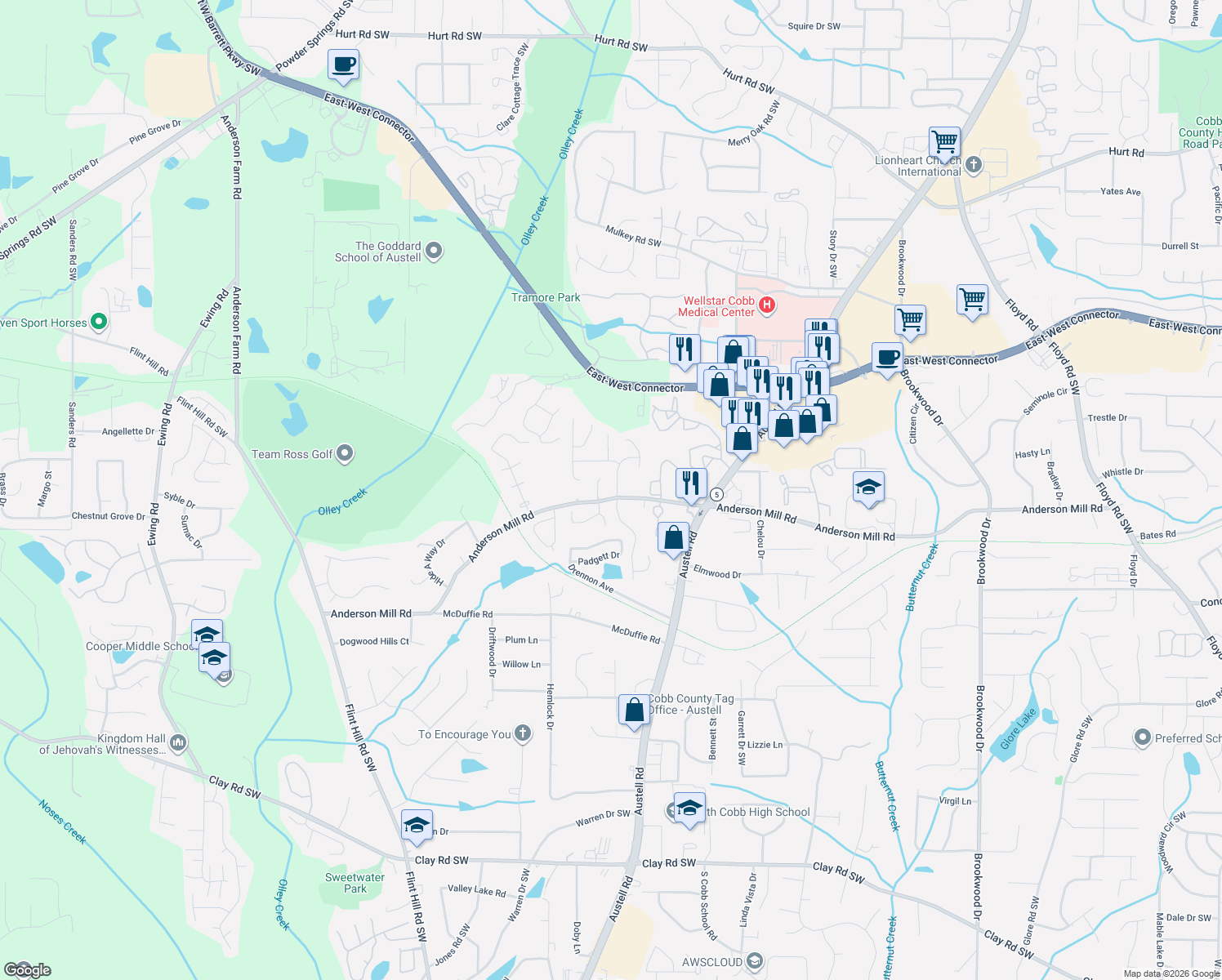 map of restaurants, bars, coffee shops, grocery stores, and more near 2016 Anderson Mill Road in Austell