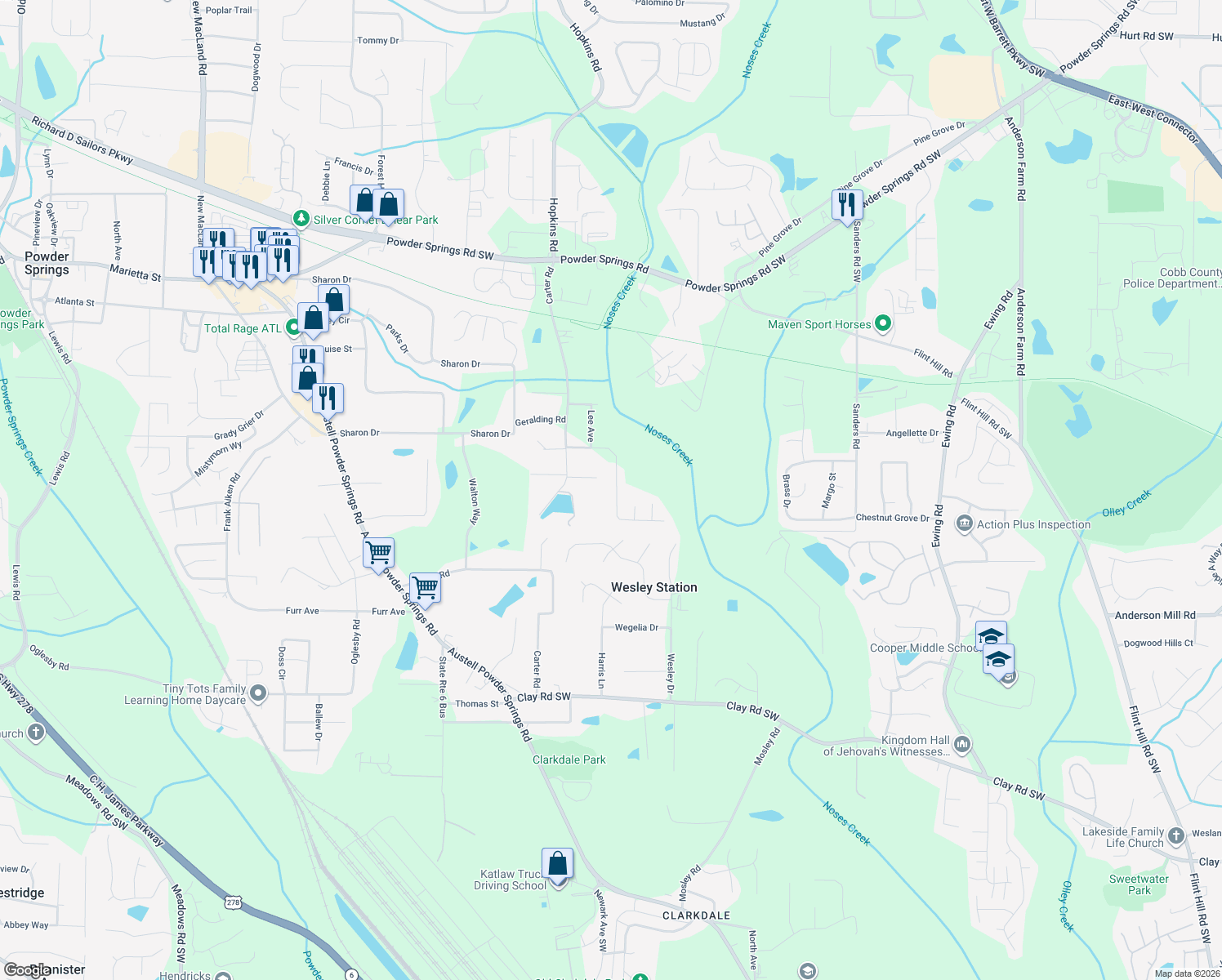 map of restaurants, bars, coffee shops, grocery stores, and more near 3391 Lynne Rd in Powder Springs