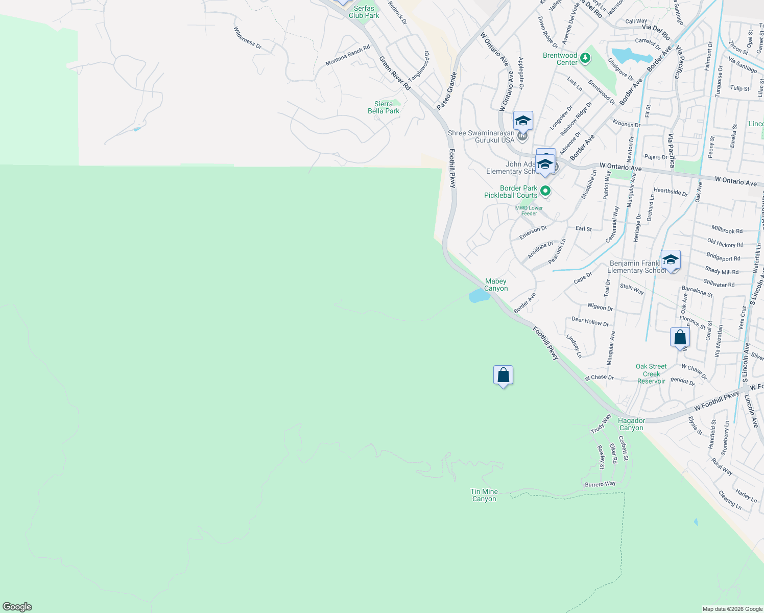 map of restaurants, bars, coffee shops, grocery stores, and more near 2400 Mabey Canyon Road in Corona