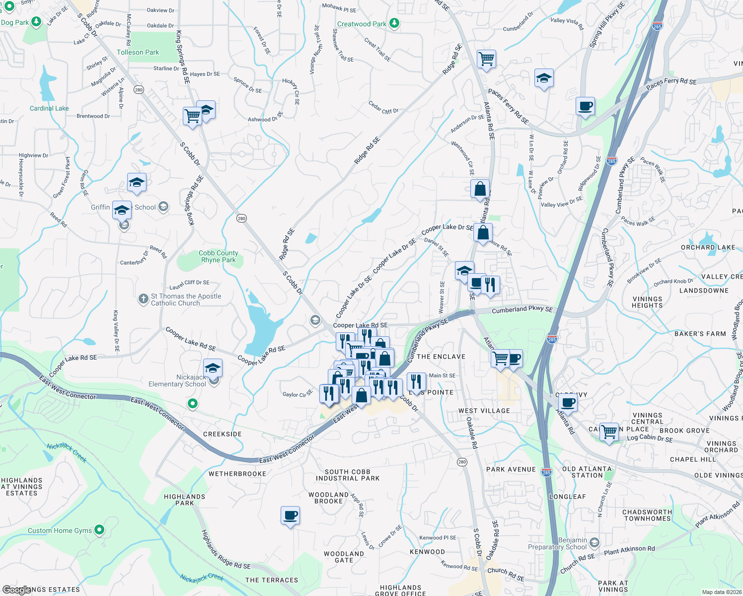 map of restaurants, bars, coffee shops, grocery stores, and more near 4172 Laurel Creek Court Southeast in Smyrna