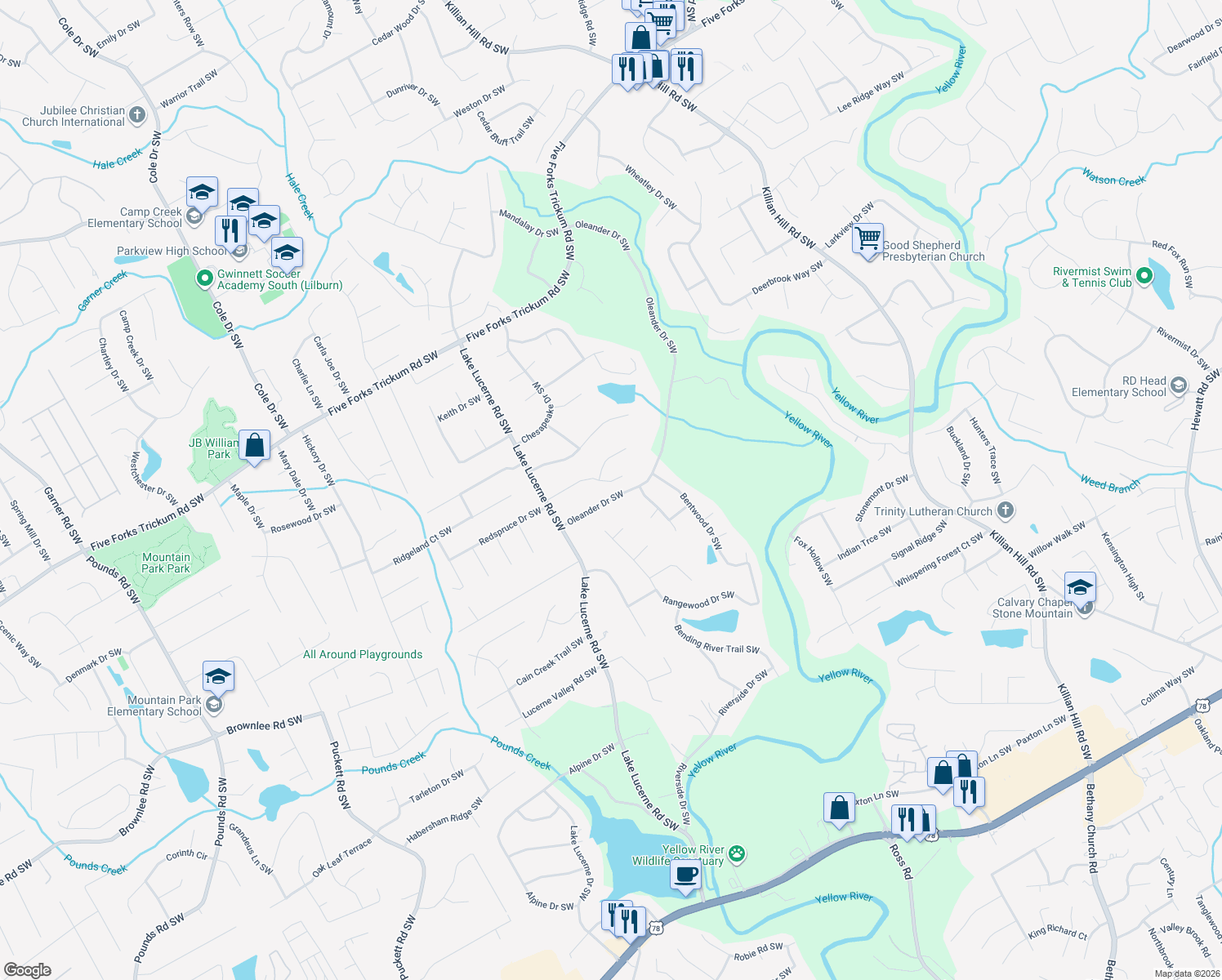 map of restaurants, bars, coffee shops, grocery stores, and more near 4420 Sirrocco Ln SW in Lilburn
