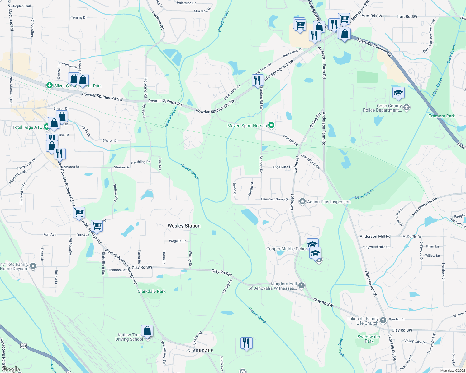 map of restaurants, bars, coffee shops, grocery stores, and more near 3039 Brass Dr in Austell
