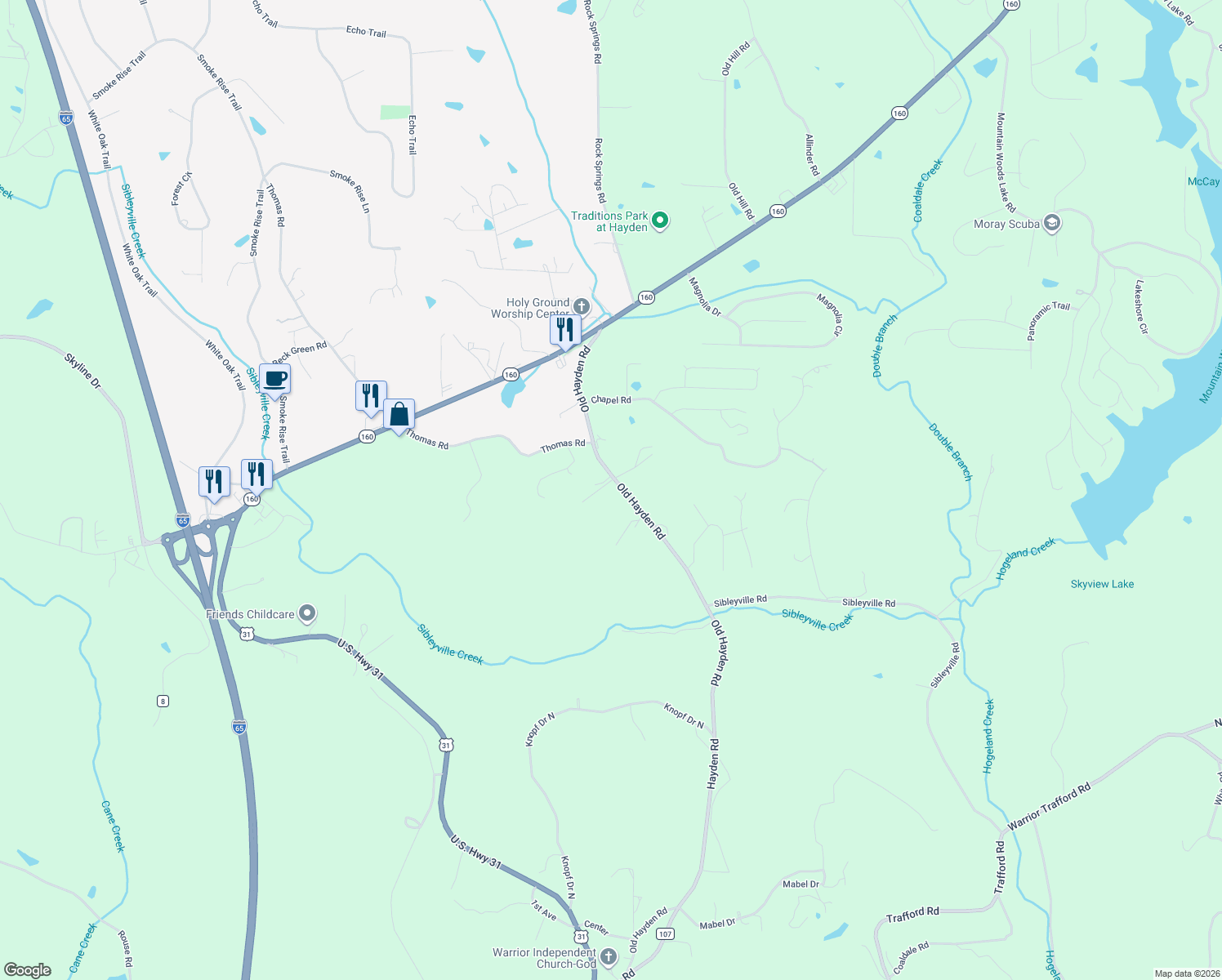 map of restaurants, bars, coffee shops, grocery stores, and more near 41 Williams Drive in Warrior