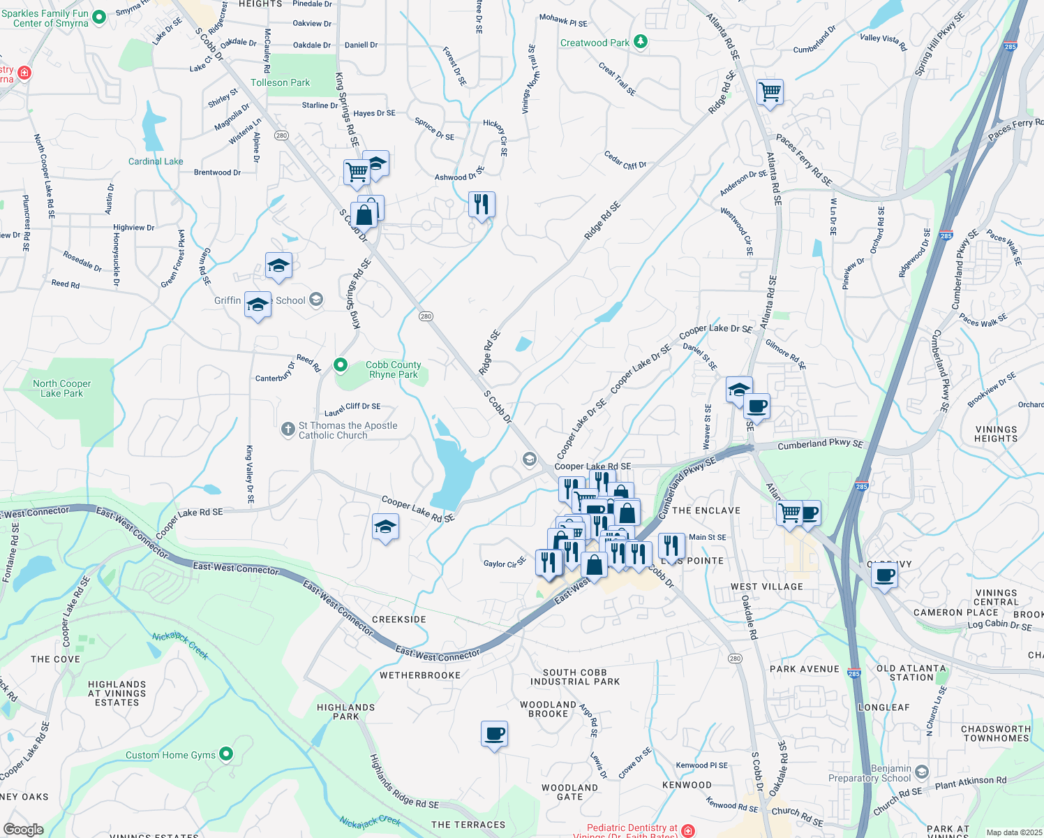 map of restaurants, bars, coffee shops, grocery stores, and more near 4223 Millside Walk Southeast in Smyrna
