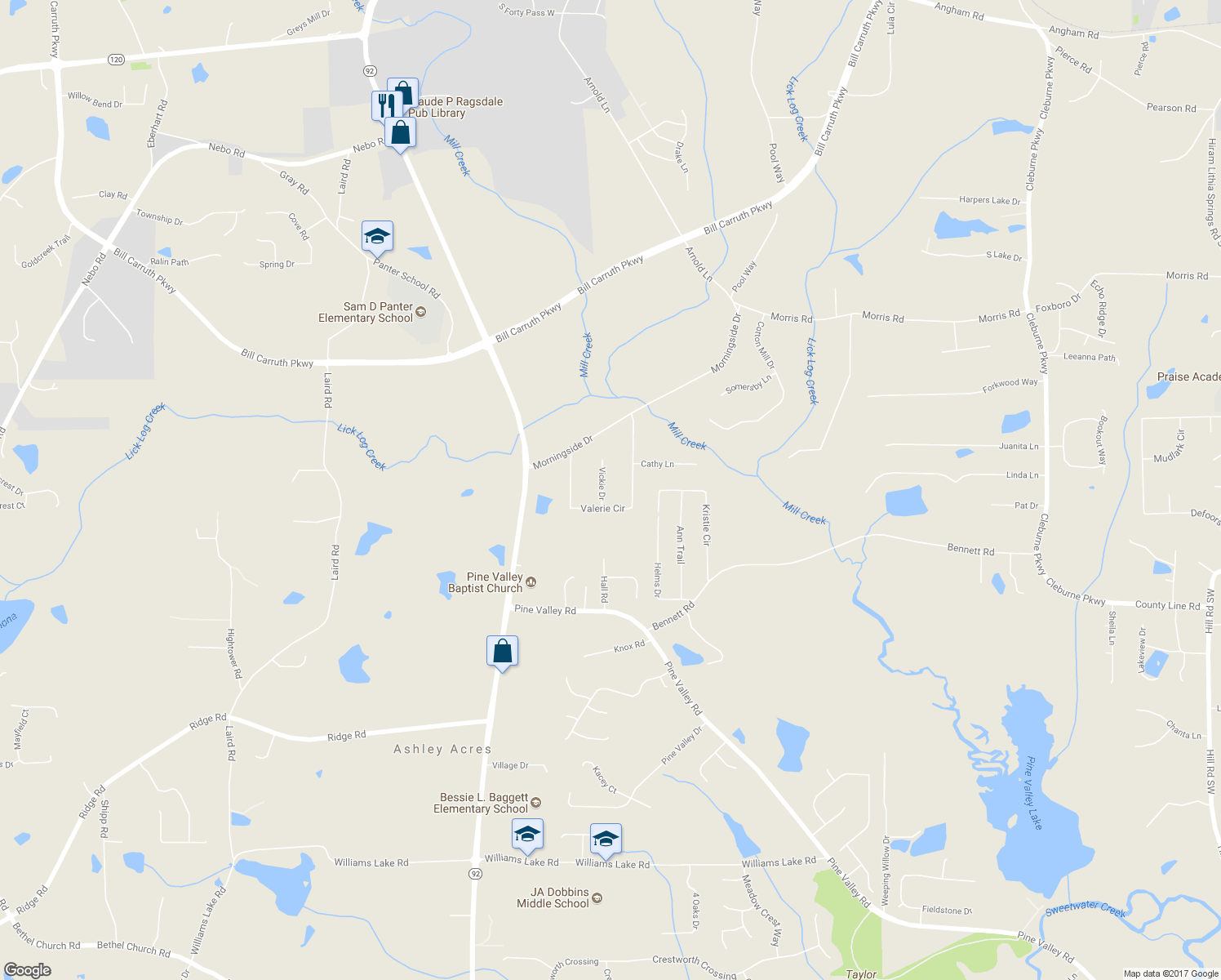 map of restaurants, bars, coffee shops, grocery stores, and more near 60 Vickie Drive in Hiram