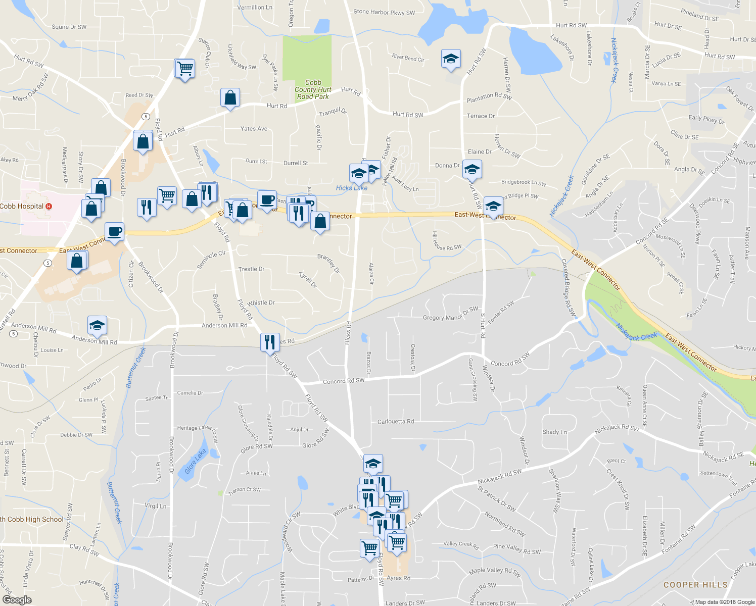 map of restaurants, bars, coffee shops, grocery stores, and more near 4213 Alaina Circle in Austell