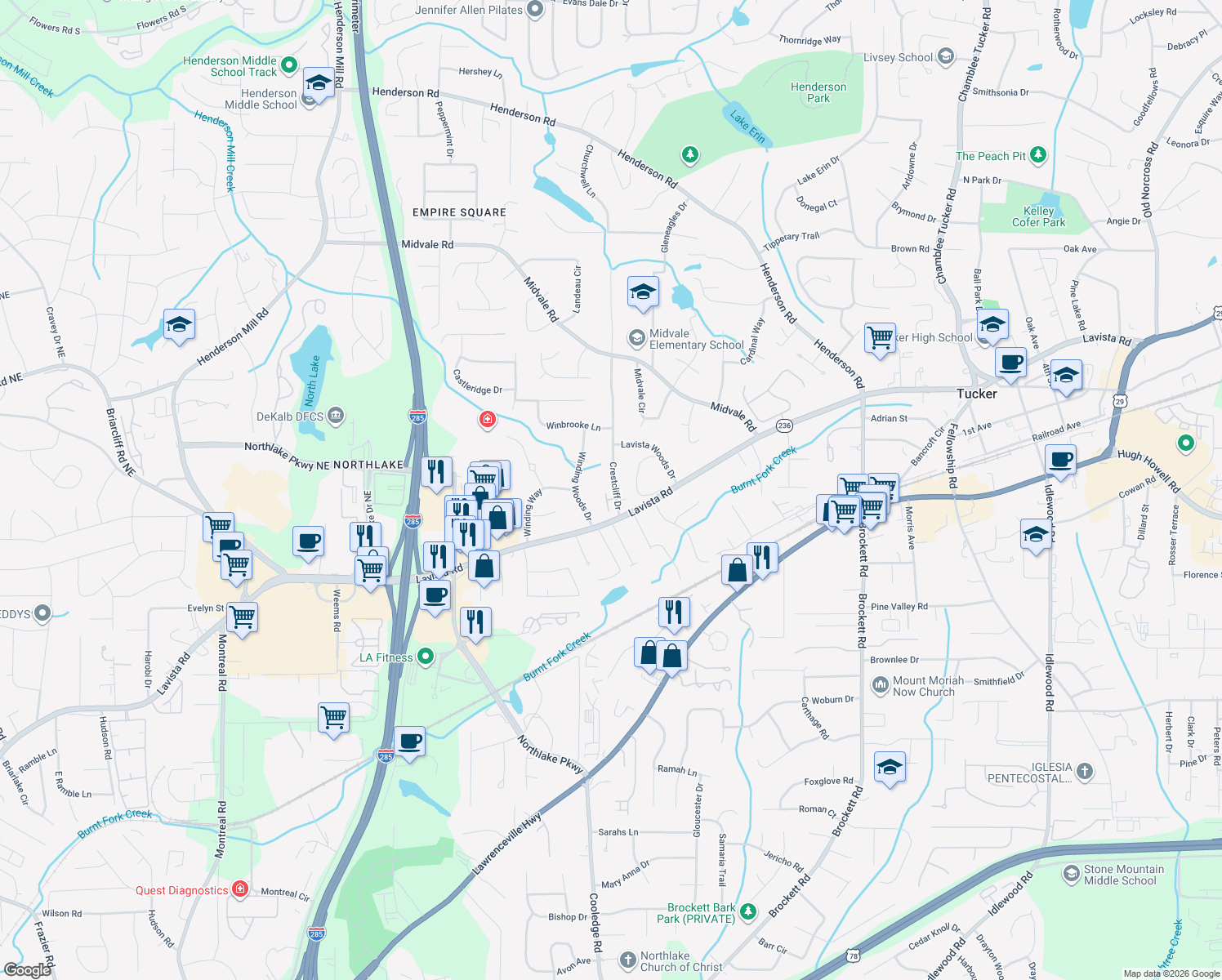 map of restaurants, bars, coffee shops, grocery stores, and more near 2235 Whitfield Cove in Tucker