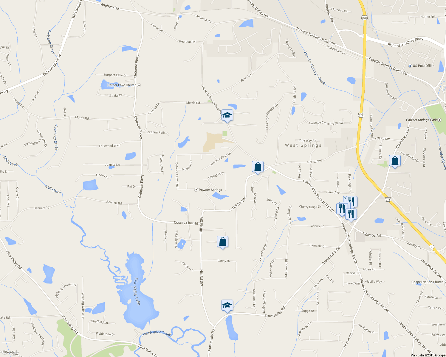 map of restaurants, bars, coffee shops, grocery stores, and more near 5419 Stirrup Way in Powder Springs