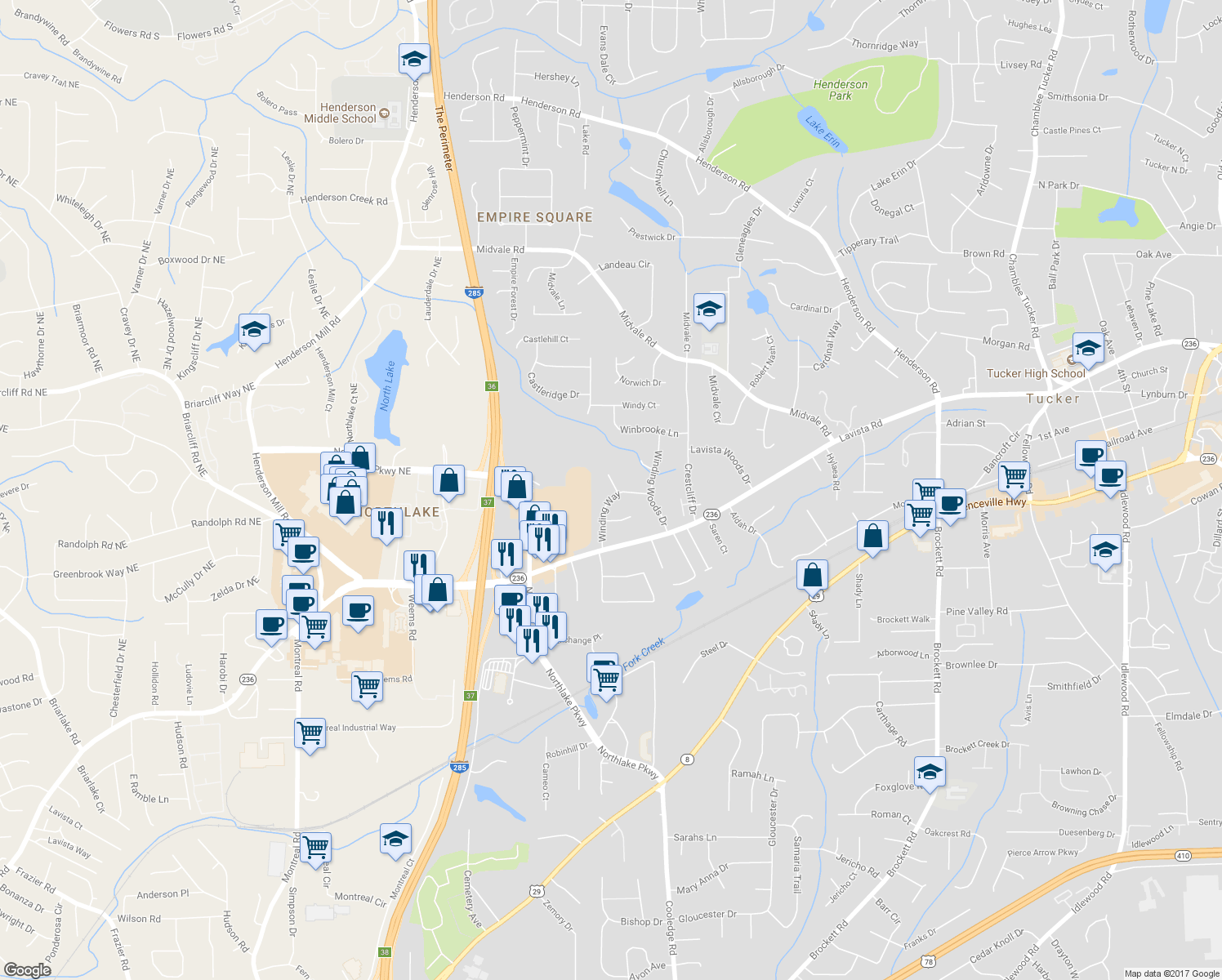map of restaurants, bars, coffee shops, grocery stores, and more near 2242 Winding Way in Tucker