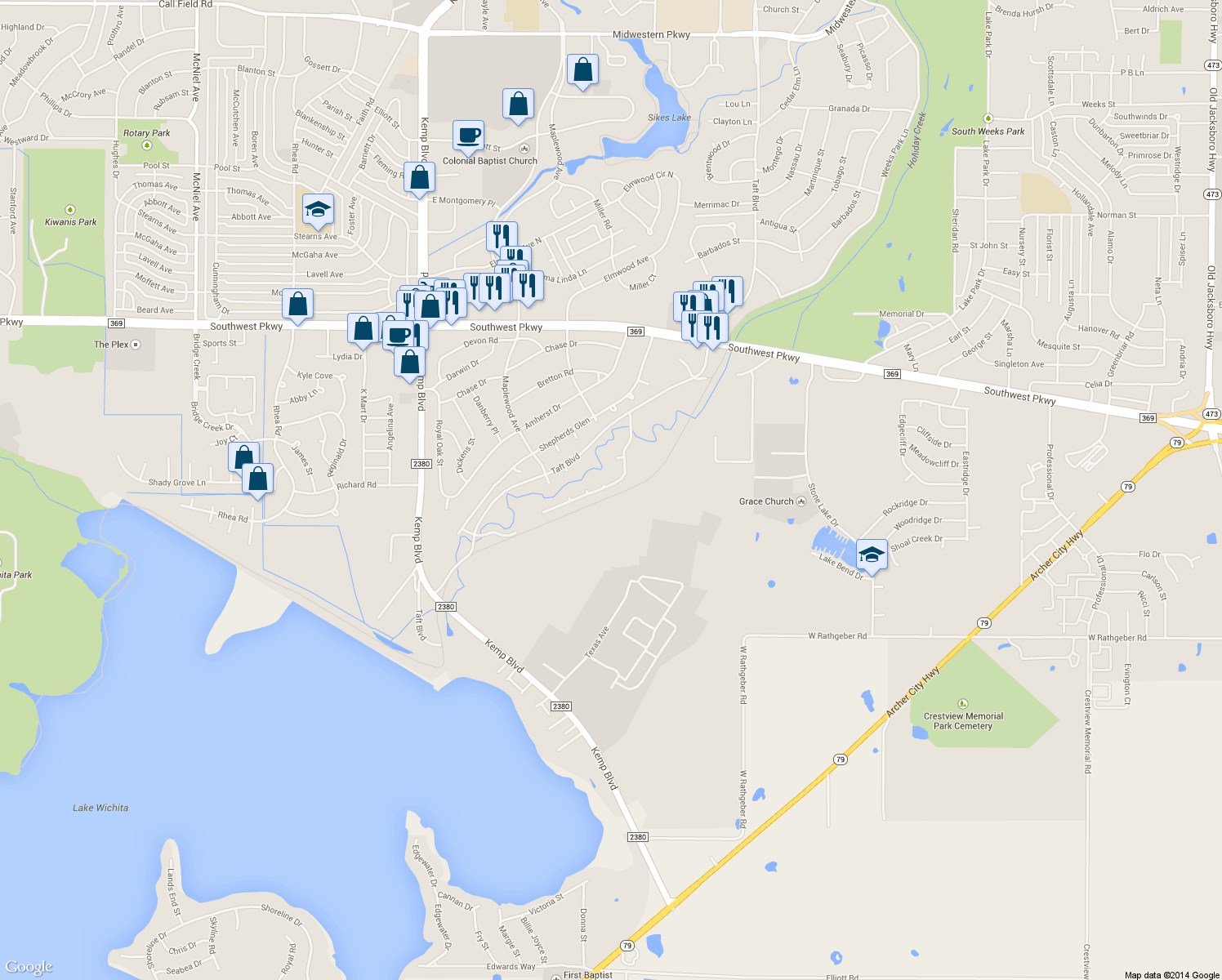 map of restaurants, bars, coffee shops, grocery stores, and more near 2941 S Shepherds Glen in Wichita Falls