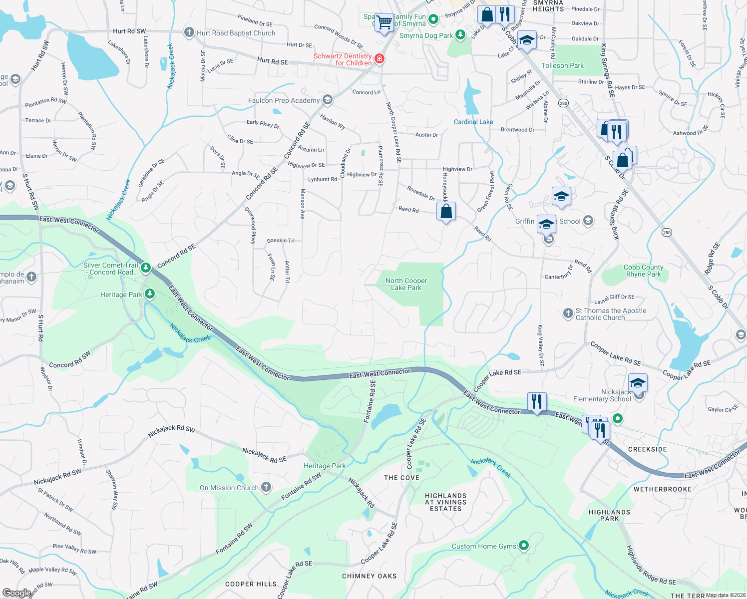 map of restaurants, bars, coffee shops, grocery stores, and more near 4386 Nowlin Drive in Smyrna