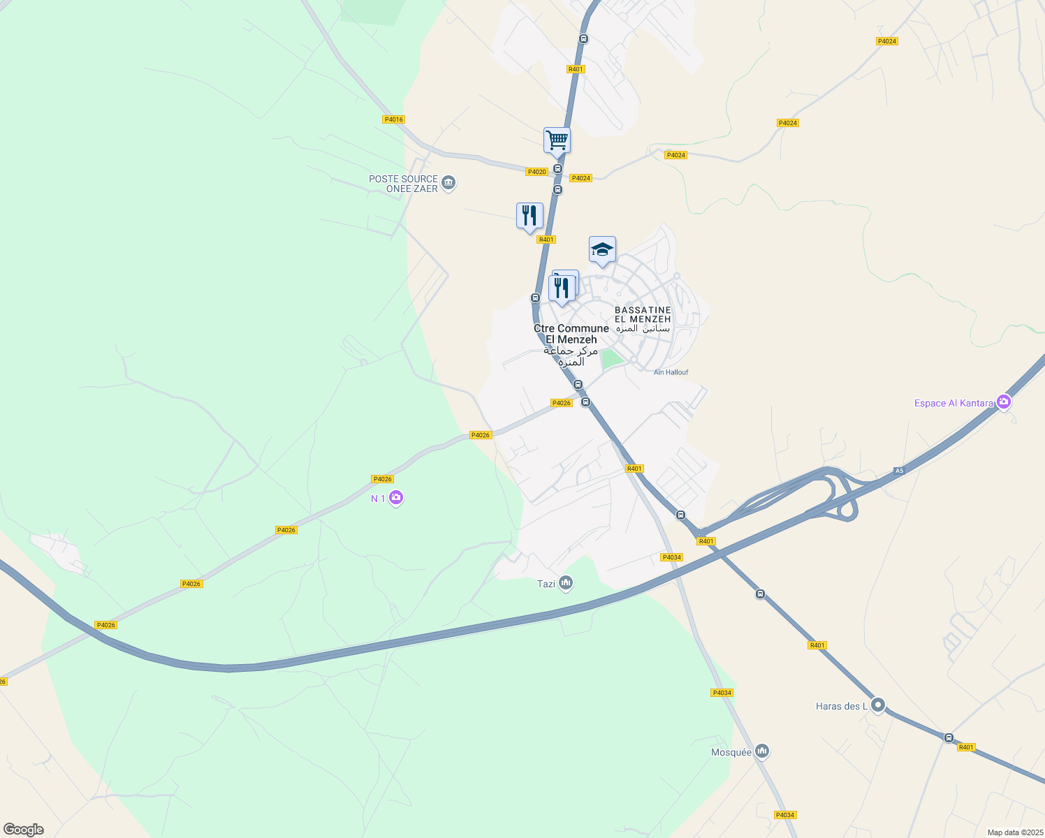 map of restaurants, bars, coffee shops, grocery stores, and more near KM 19 Avenue Mohamed VI in Centre Commune El Menzeh
