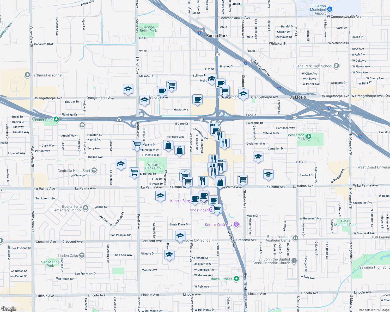map of restaurants, bars, coffee shops, grocery stores, and more near 7534 El Ferrol Way in Buena Park