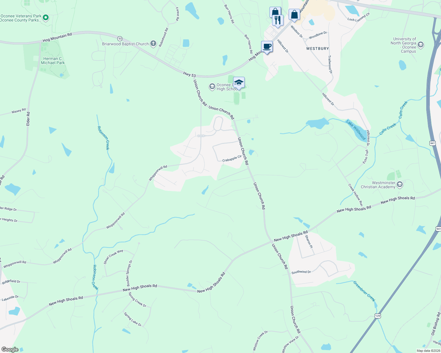 map of restaurants, bars, coffee shops, grocery stores, and more near 1502 Union Church Rd in Watkinsville