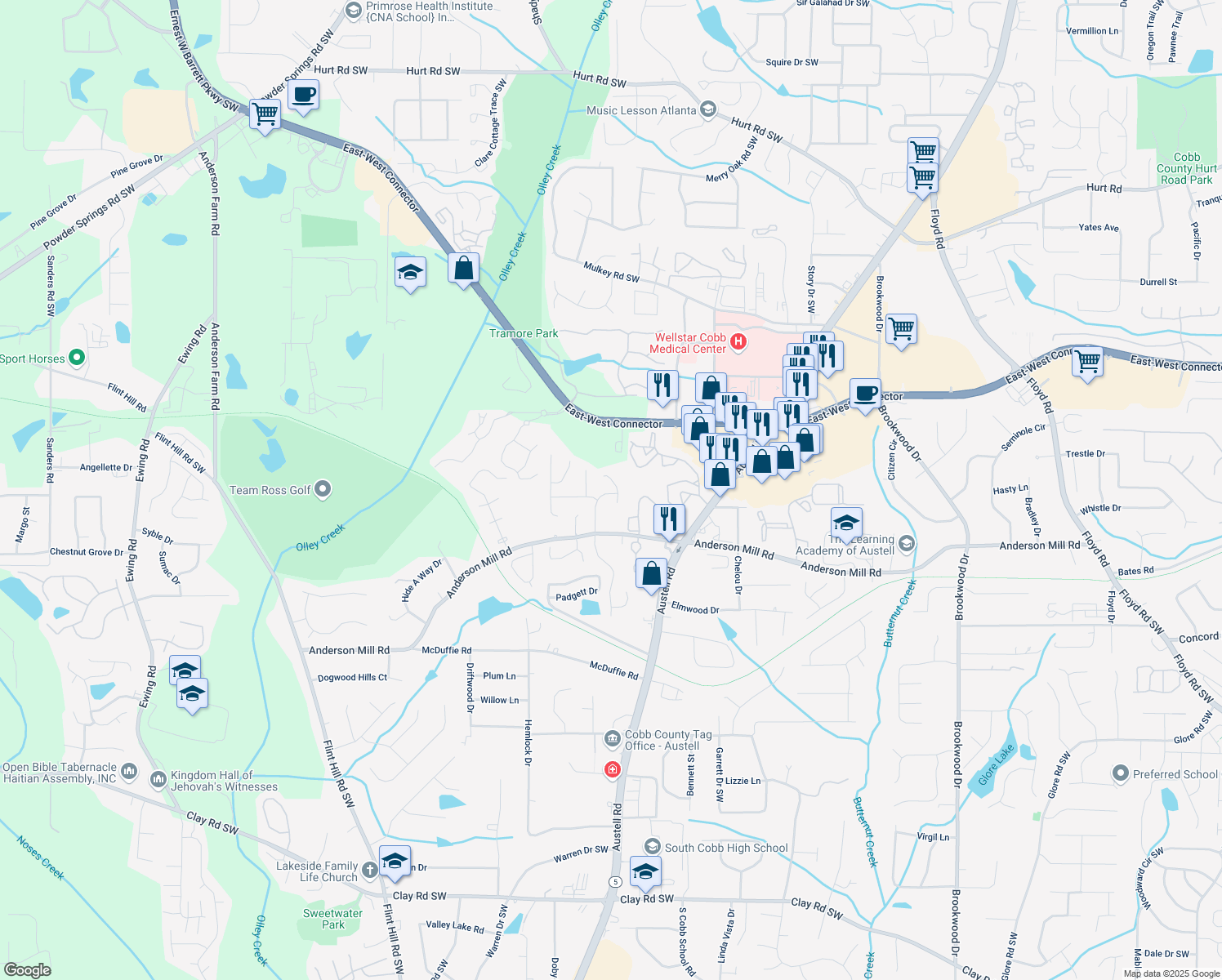 map of restaurants, bars, coffee shops, grocery stores, and more near 4258 Anderson Ridge Way in Austell