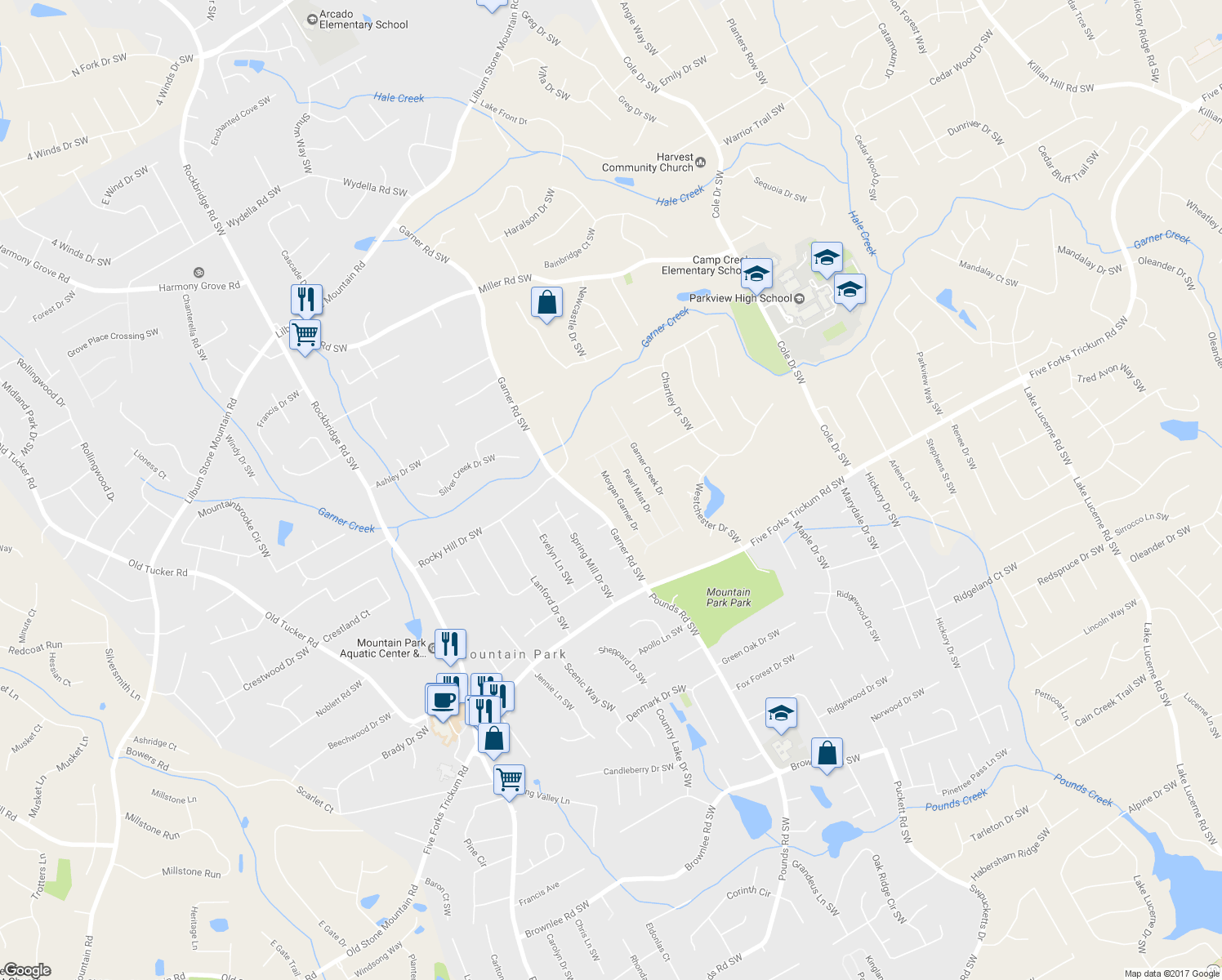 map of restaurants, bars, coffee shops, grocery stores, and more near 5121 Hope Court in Lilburn