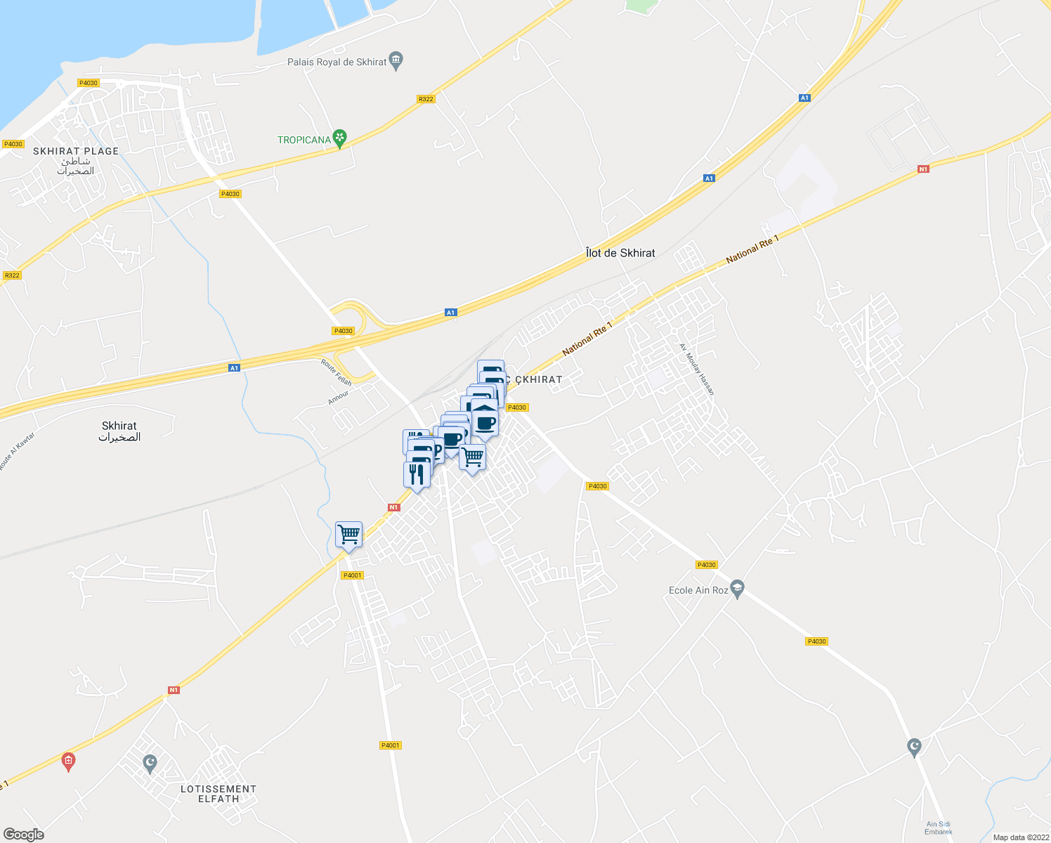 map of restaurants, bars, coffee shops, grocery stores, and more near P4030 in Skhirat