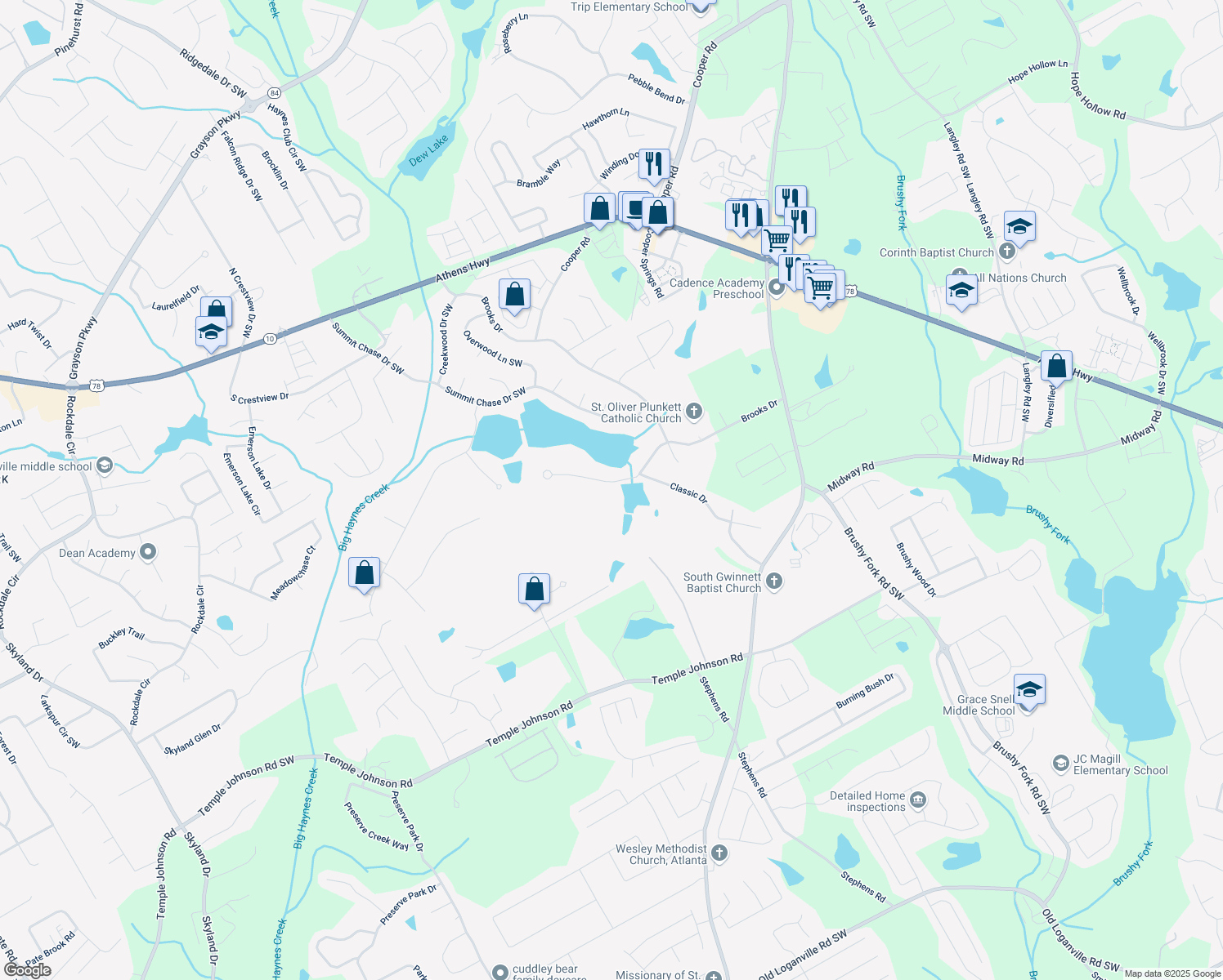 map of restaurants, bars, coffee shops, grocery stores, and more near 1292 Green Turf Dr in Snellville