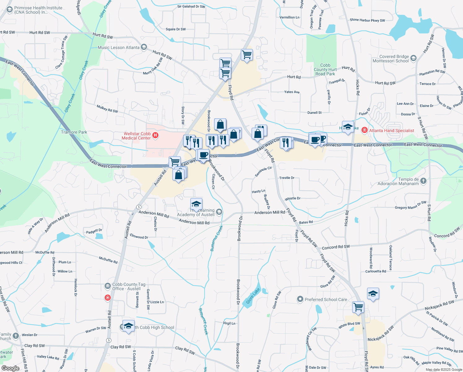 map of restaurants, bars, coffee shops, grocery stores, and more near 4185 Brookwood Dr in Austell