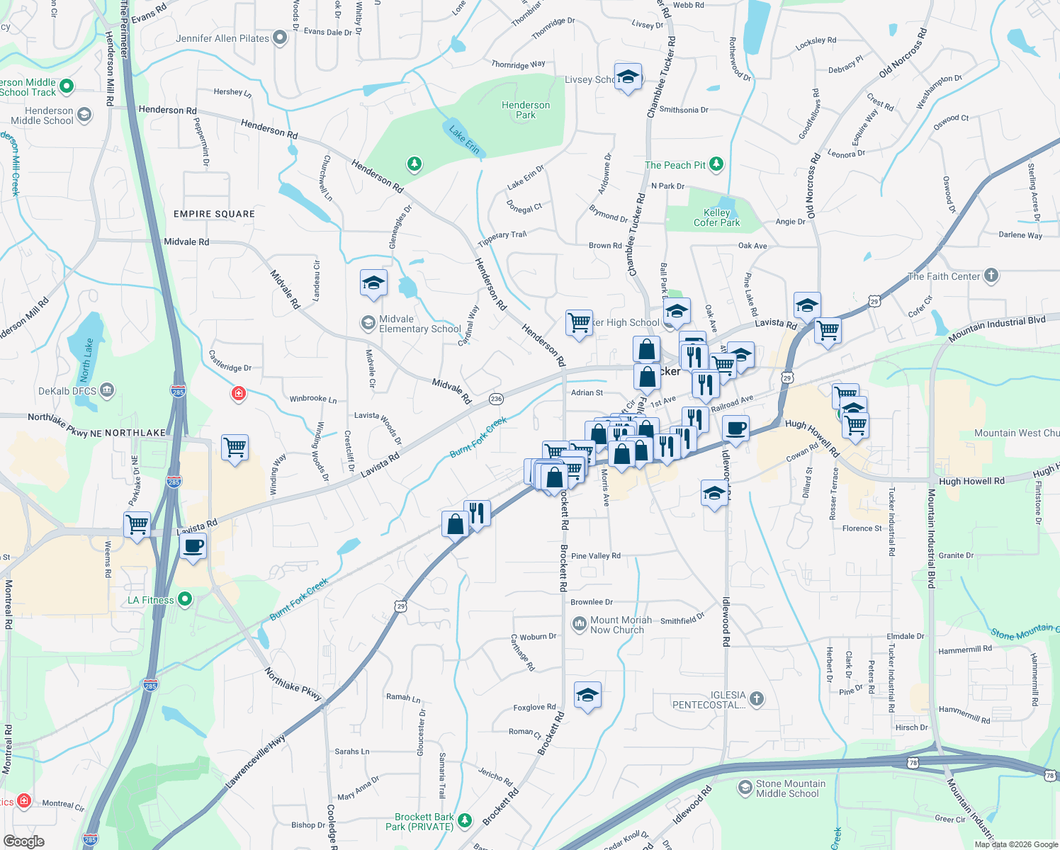 map of restaurants, bars, coffee shops, grocery stores, and more near 3968 Chelsea Common in Tucker