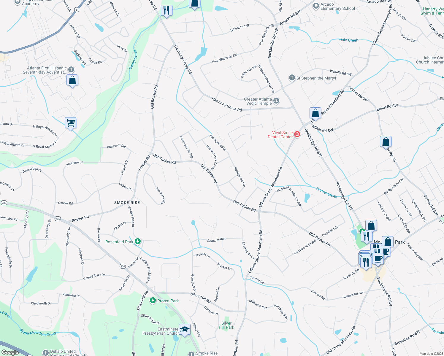 map of restaurants, bars, coffee shops, grocery stores, and more near 654 Old Tucker Rd in Stone Mountain