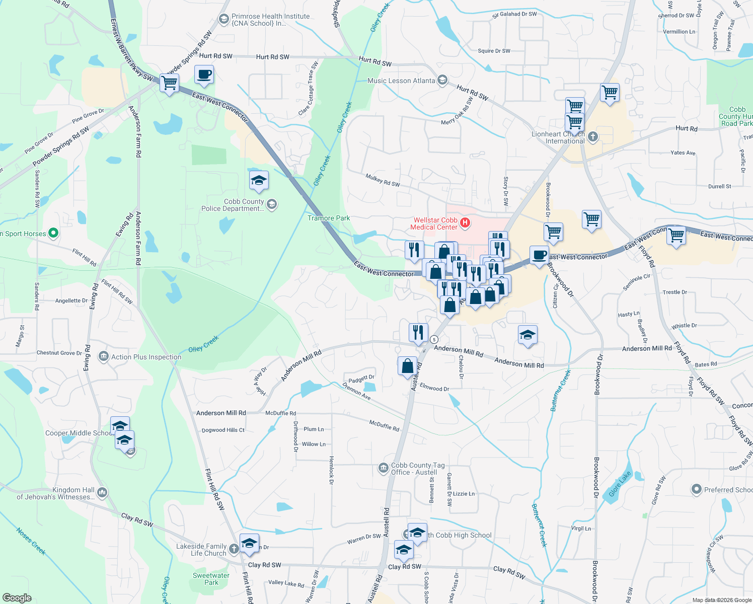 map of restaurants, bars, coffee shops, grocery stores, and more near 4251 Anderson Ridge Way in Austell