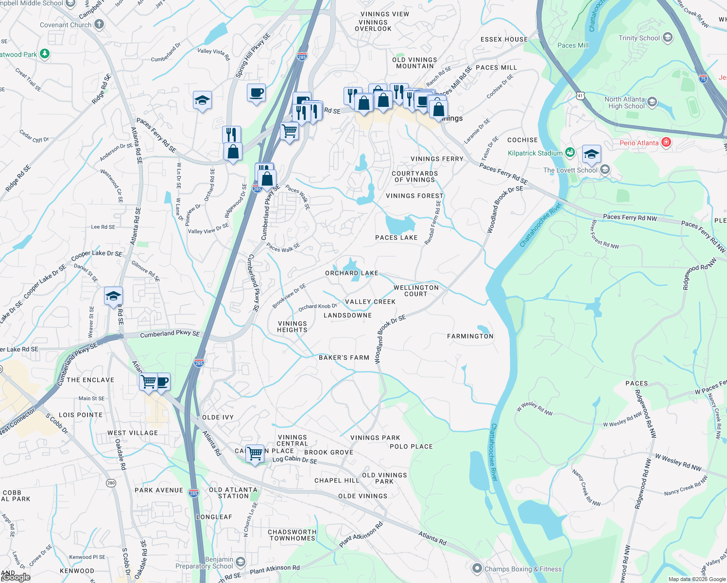 map of restaurants, bars, coffee shops, grocery stores, and more near 2792 Orchard Knob Drive in Atlanta