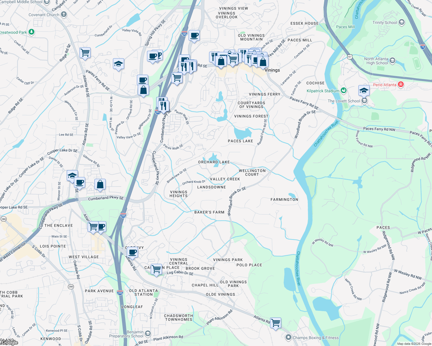 map of restaurants, bars, coffee shops, grocery stores, and more near 2792 Orchard Knob Drive in Atlanta
