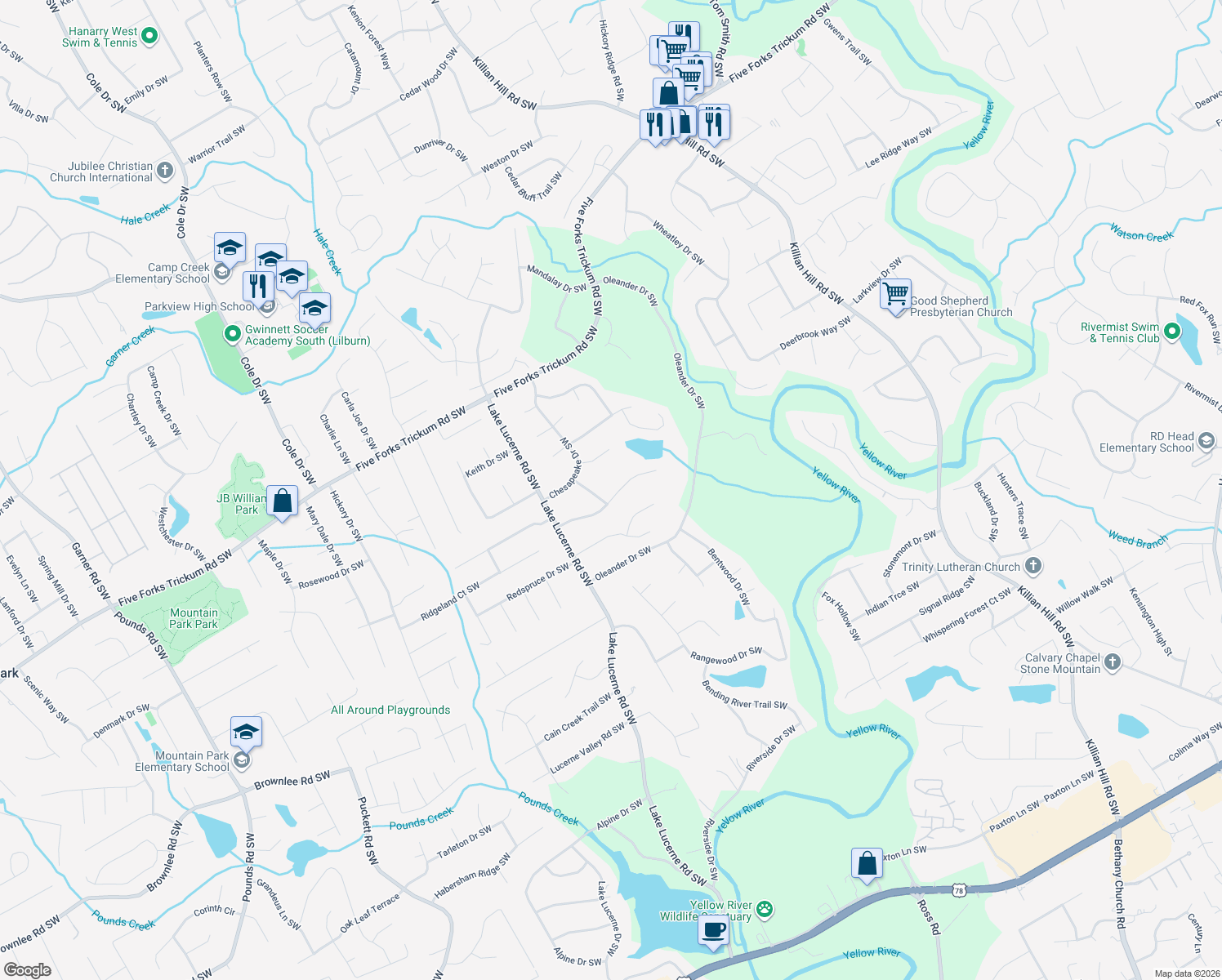 map of restaurants, bars, coffee shops, grocery stores, and more near 4421 Fallowfield Lane Southwest in Lilburn