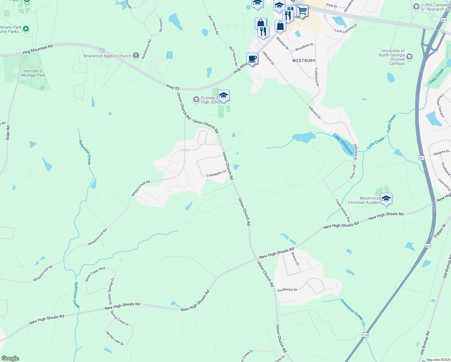 map of restaurants, bars, coffee shops, grocery stores, and more near 1504 Union Church Road in Watkinsville