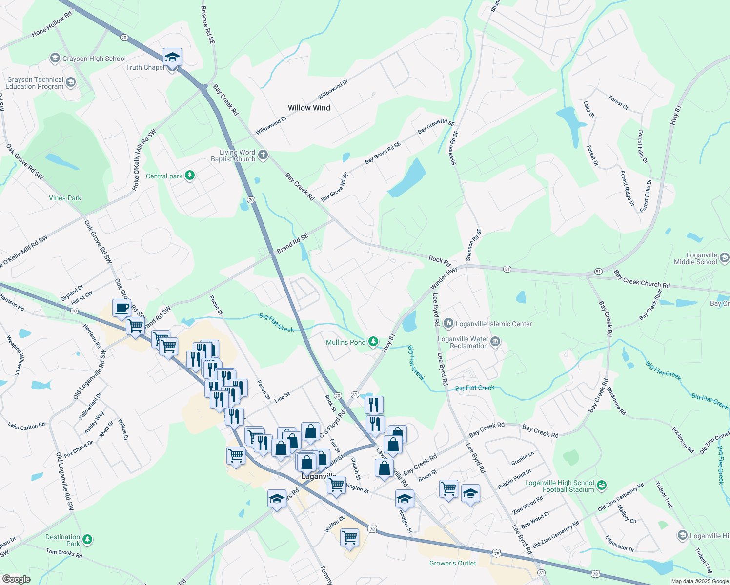 map of restaurants, bars, coffee shops, grocery stores, and more near 612 Baymist Court in Loganville